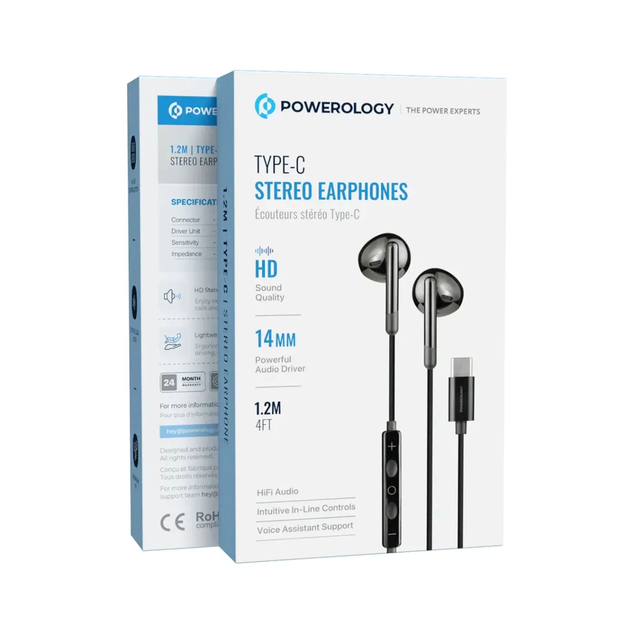 Powerology Type-C Stereo Earphones with HD Sound Quality, In-ear Design, 1.2m Cable Length, Voice Assistant Support, In-Line Control Button, Lightweight & Comfortable Design - Black