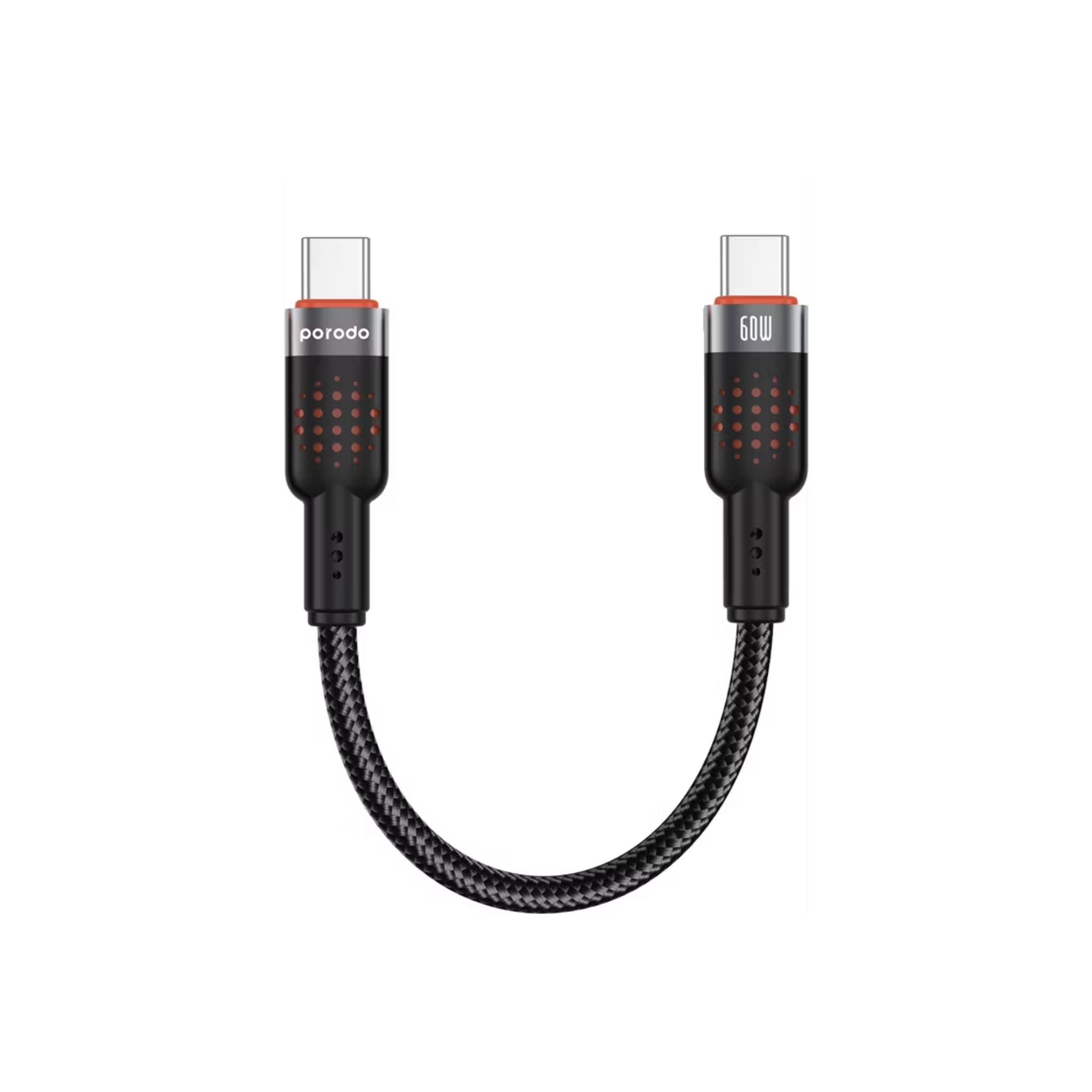 Porodo USB-C to USB-C Braided Cable with 60W Power Delivery, 480Mbps Transfer Speed, Braided & Tangle-Free Design, 15000+ Bends Lifespan, Fast Charge & Data Sync - Black