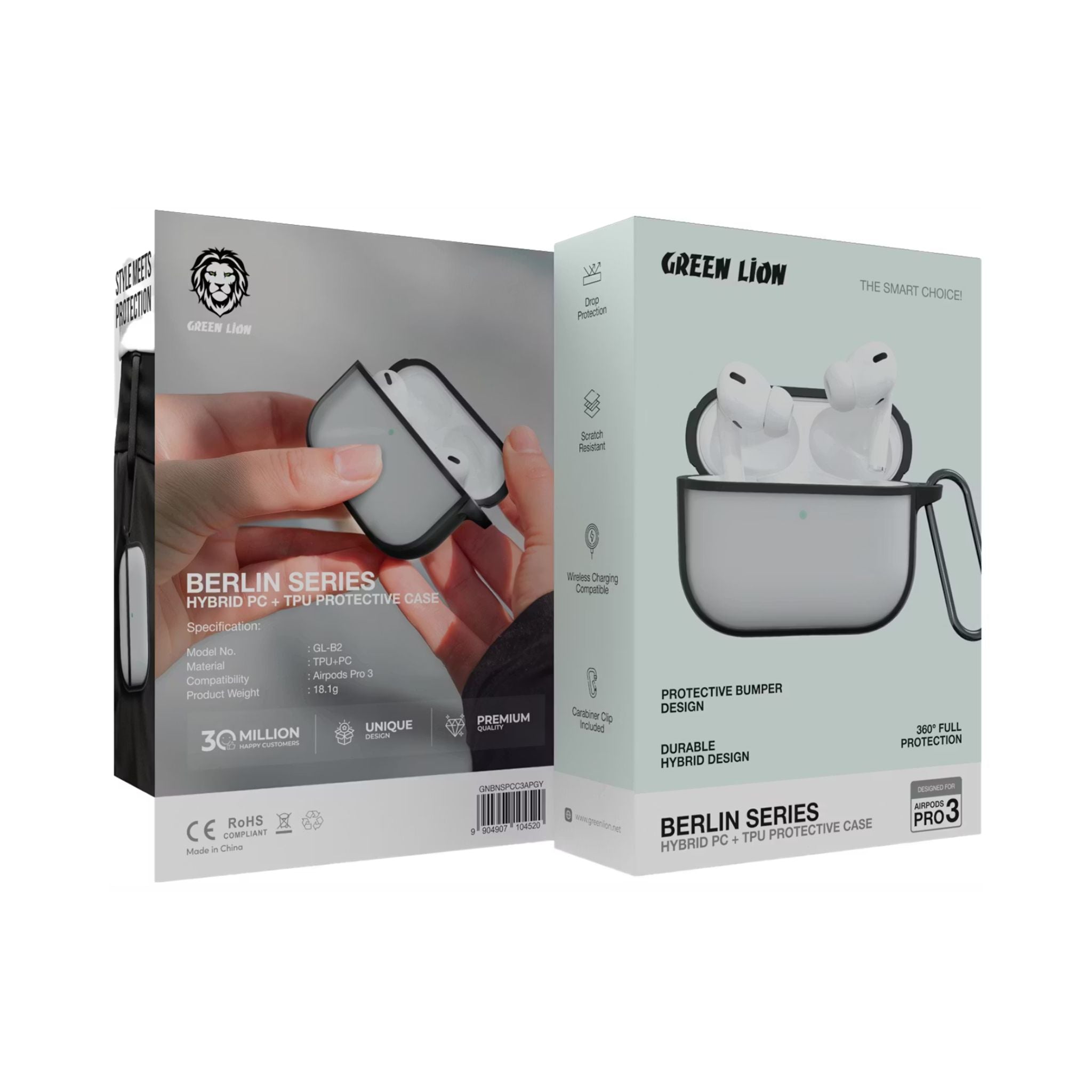 Green Lion Berlin Series Hybrid PC & TPU Protective Case for AirPods 3, Drop Protection, Scratch-Resistant, Wireless Charging Compatible, Carabiner Clip Included, 360° Full Protection, Protective Bumper Design - Gray