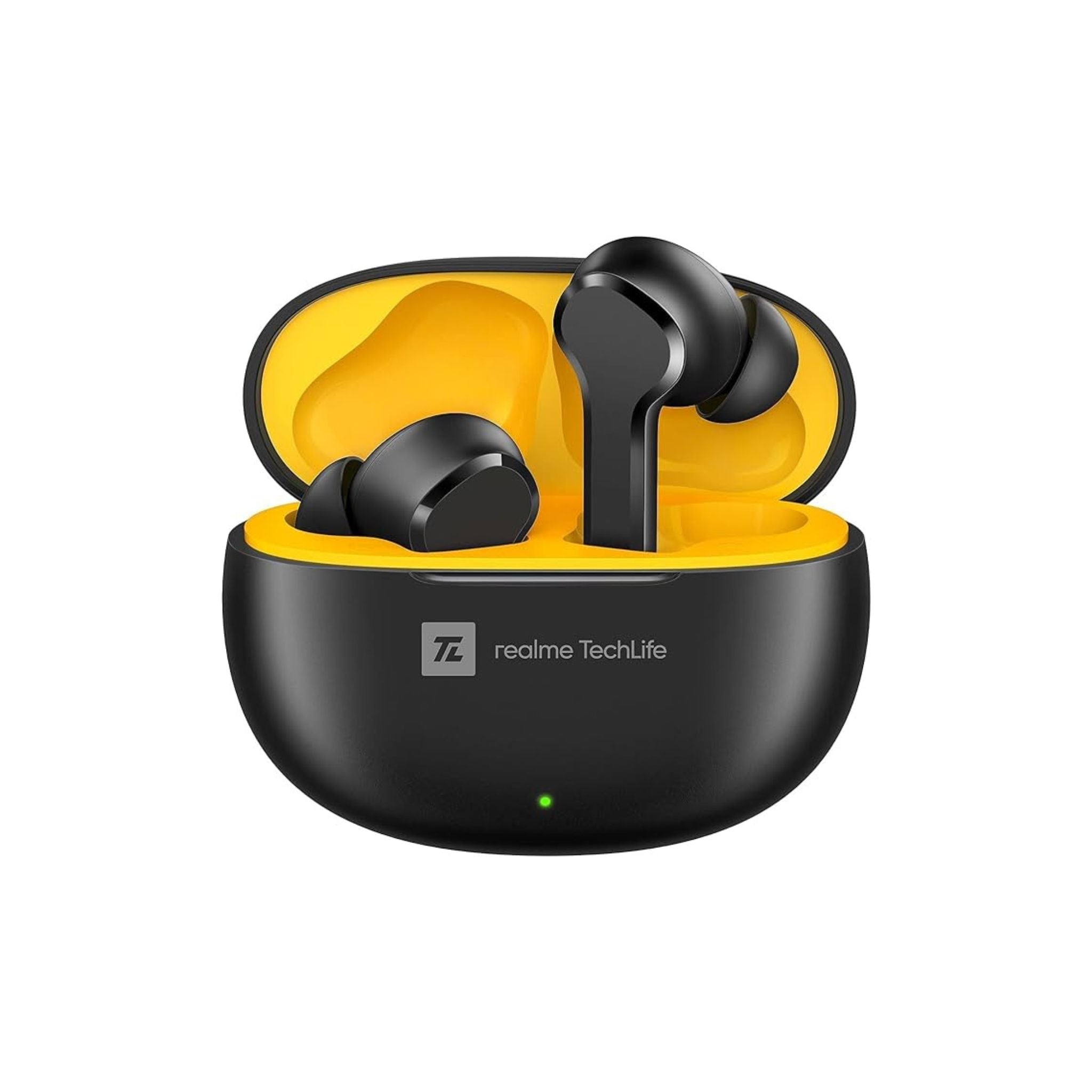 Realme T100 True Wireless Earbuds in black color, with a charging case in yellow, showcasing the earbuds inside the case.