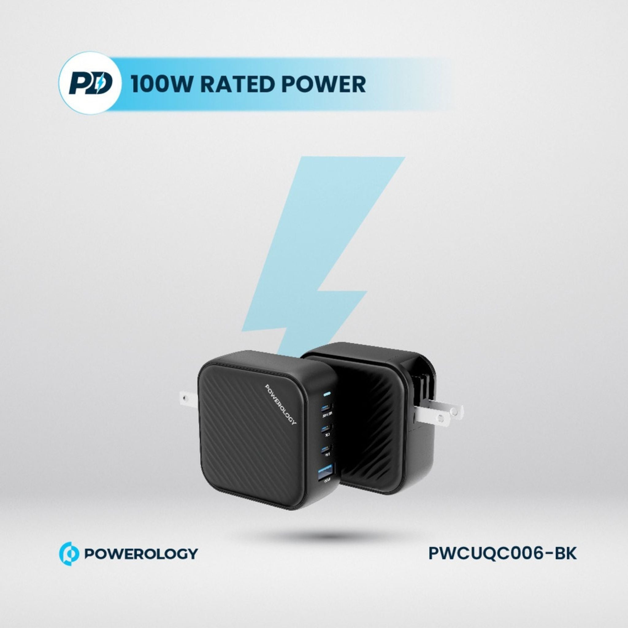 Powerology 100W Triple PD GaN Charger with EU & UK Plug, 3 USB-C Ports & USB-A Port, Built-in Safeguard, Multi Device Charging, Fast Charge, Laptop Charger - Black