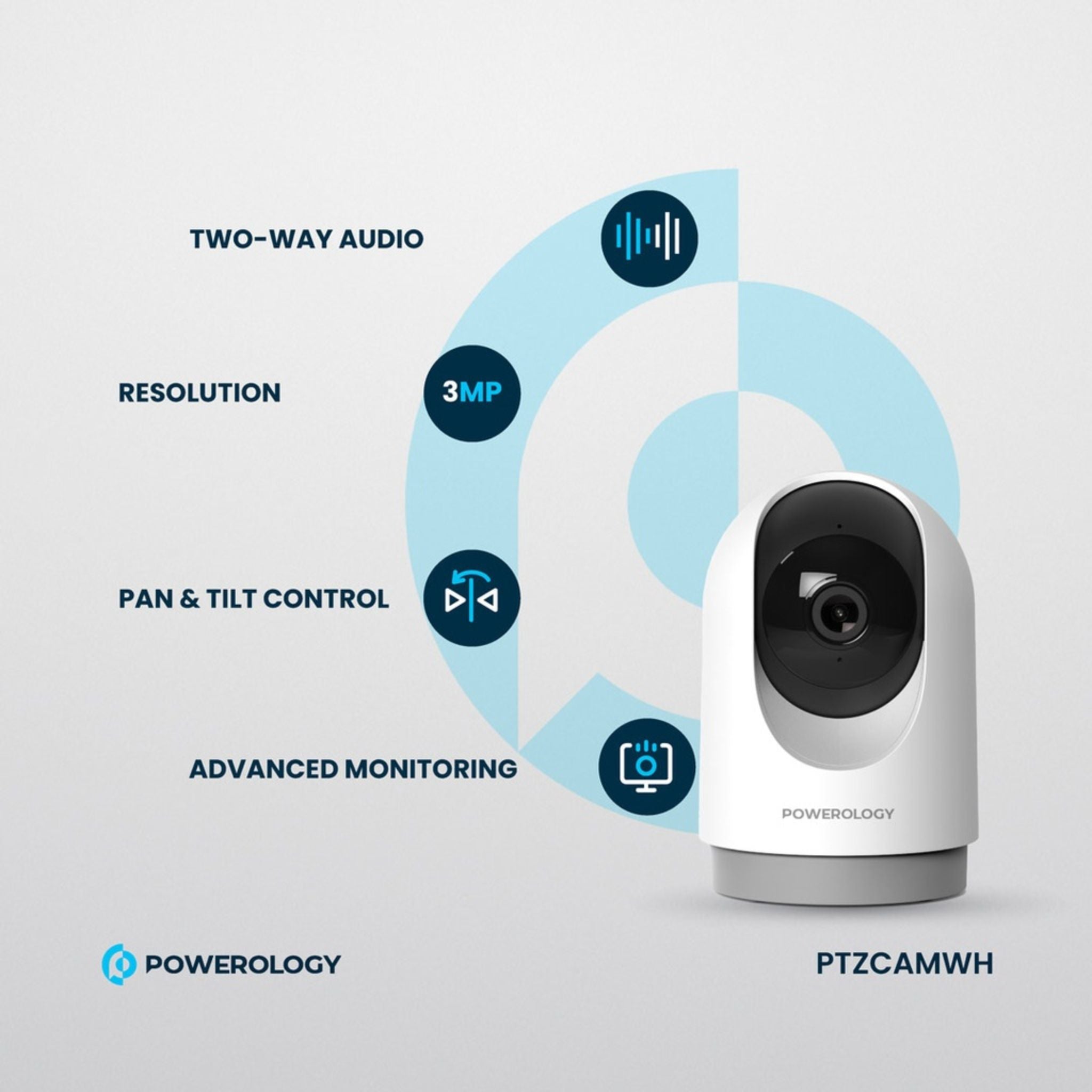 Powerology Indoor PTZ Smart Camera, 3MP 2304×1296 Resolution, Pan & Tilt Control, Human Detection, Motion Sensor, Two-Way Audio, Night Vision 8–10m, 2.4GHz Wi-Fi, TF Card Support up to 256GB, Android & iOS Compatible – White