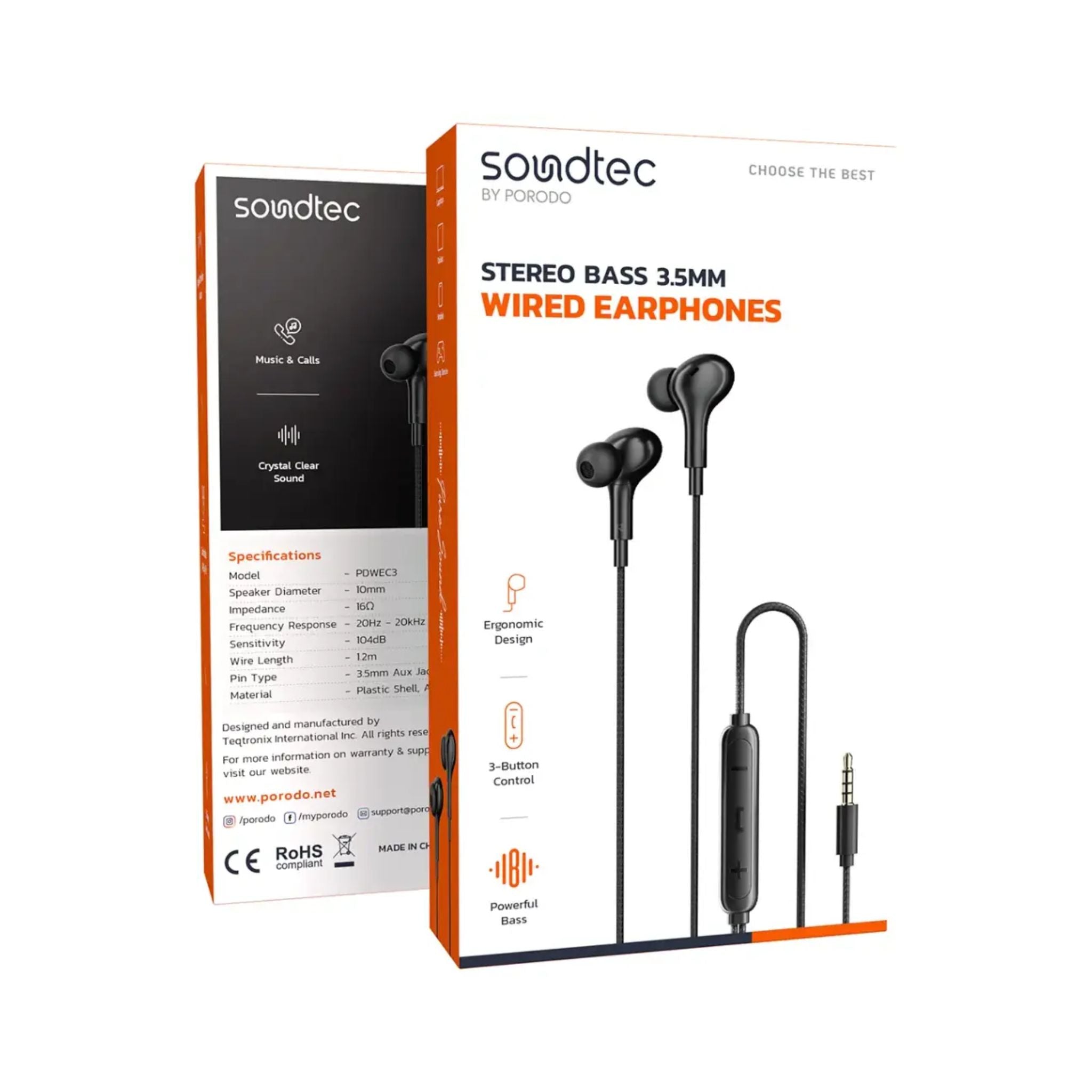 Porodo Soundtec Stereo Bass 3.5mm Wired Earphones - Black