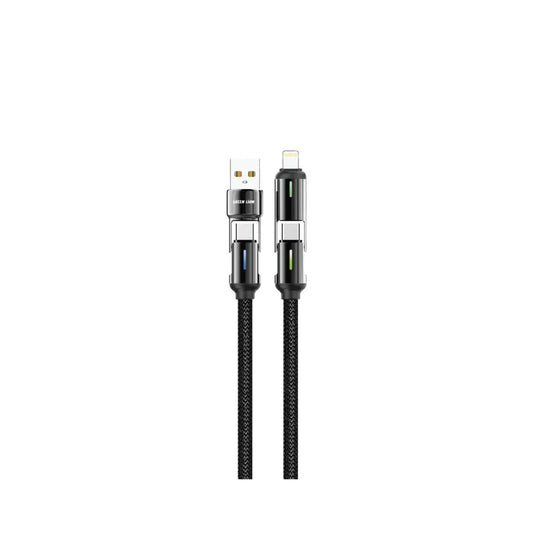 Green Lion 4-in-1 LED Braided Cable, 1.2m, 480 Mbps Data Transfer, Braided, Zinc Alloy & Zinc Alloy Shell, 30W, 10000 Bends Lifetime, Universal Compatibility - Black