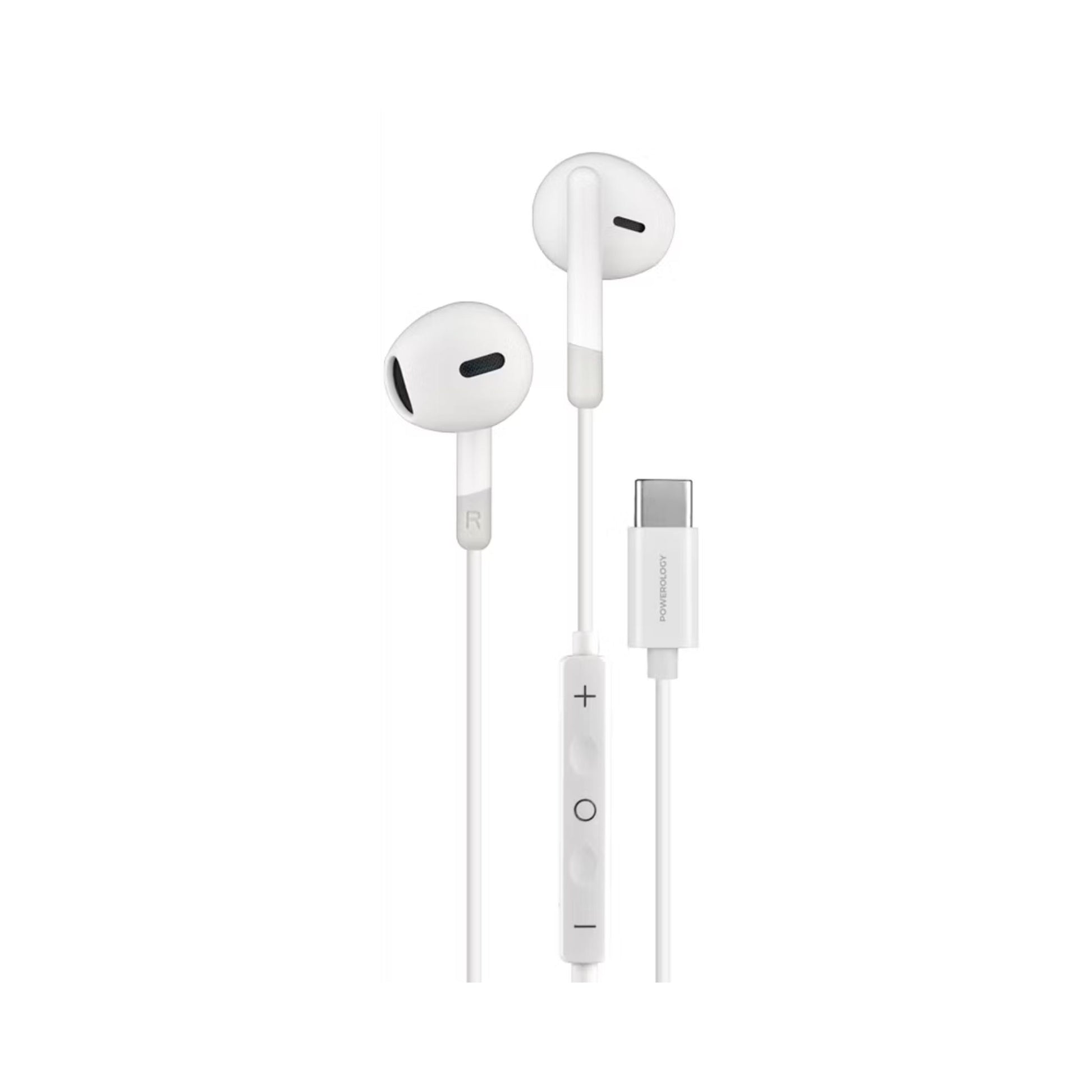 White earphones with a USB connector on a white background