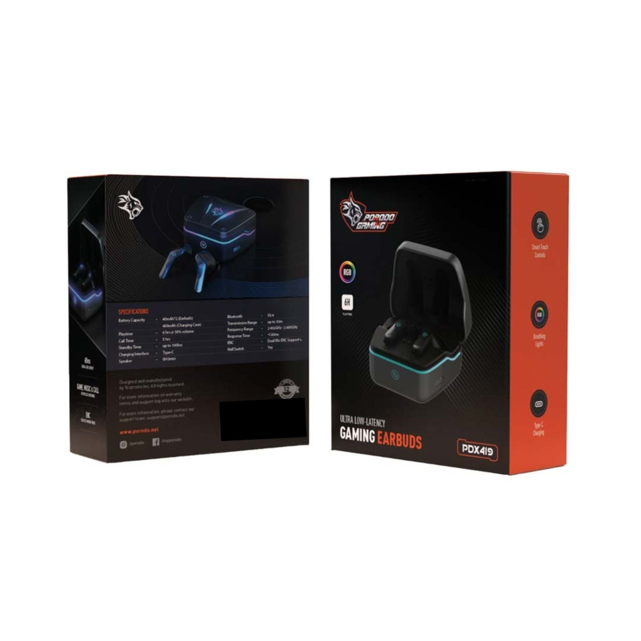 Porodo Ultra Low-Latency Gaming Earbuds, 400mAh Battery Capacity, 6h Playtime, Bluetooth 5.4, Less than 60ms Response Time, Dual Mic ENC Support, Type-C Charging Interface - Black