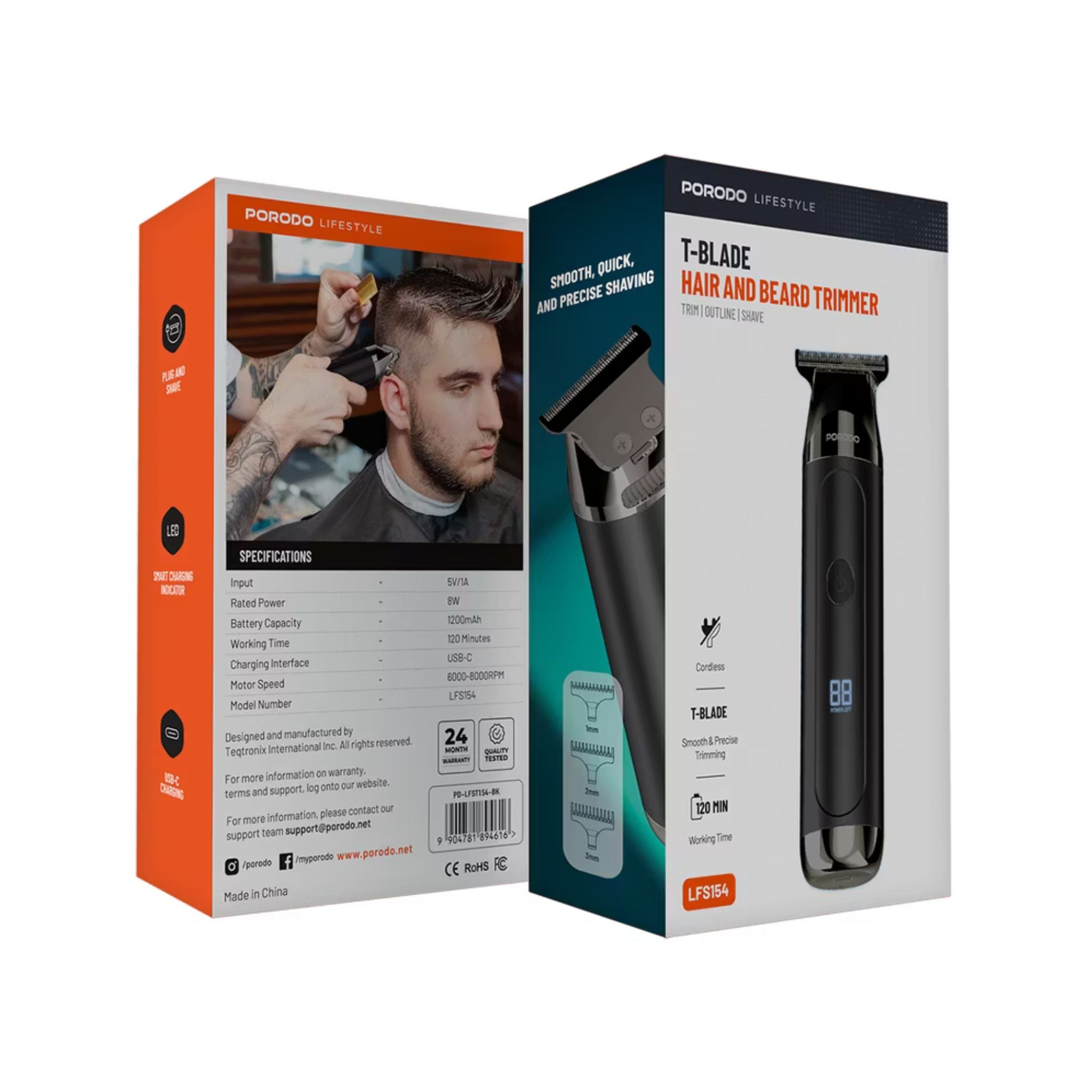 Porodo T-Blade Hair & Beard Trimmer with Smart LED Charging Indicator, 120 Minutes Working Time, 8W Rated Power, USB-C Charging Port, 1200mAh Battery, Cordless Functionality, 1, 2 & 3mm Combs Included - Black