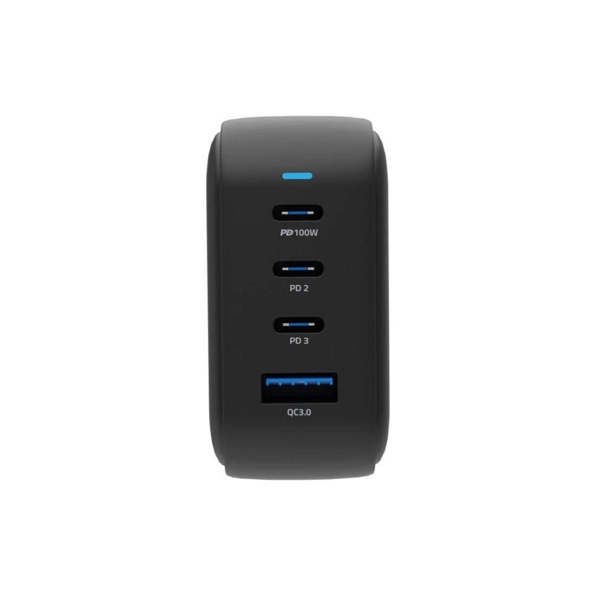 Powerology 100W Triple PD GaN Charger with EU & UK Plug, 3 USB-C Ports & USB-A Port, Built-in Safeguard, Multi Device Charging, Fast Charge, Laptop Charger - Black