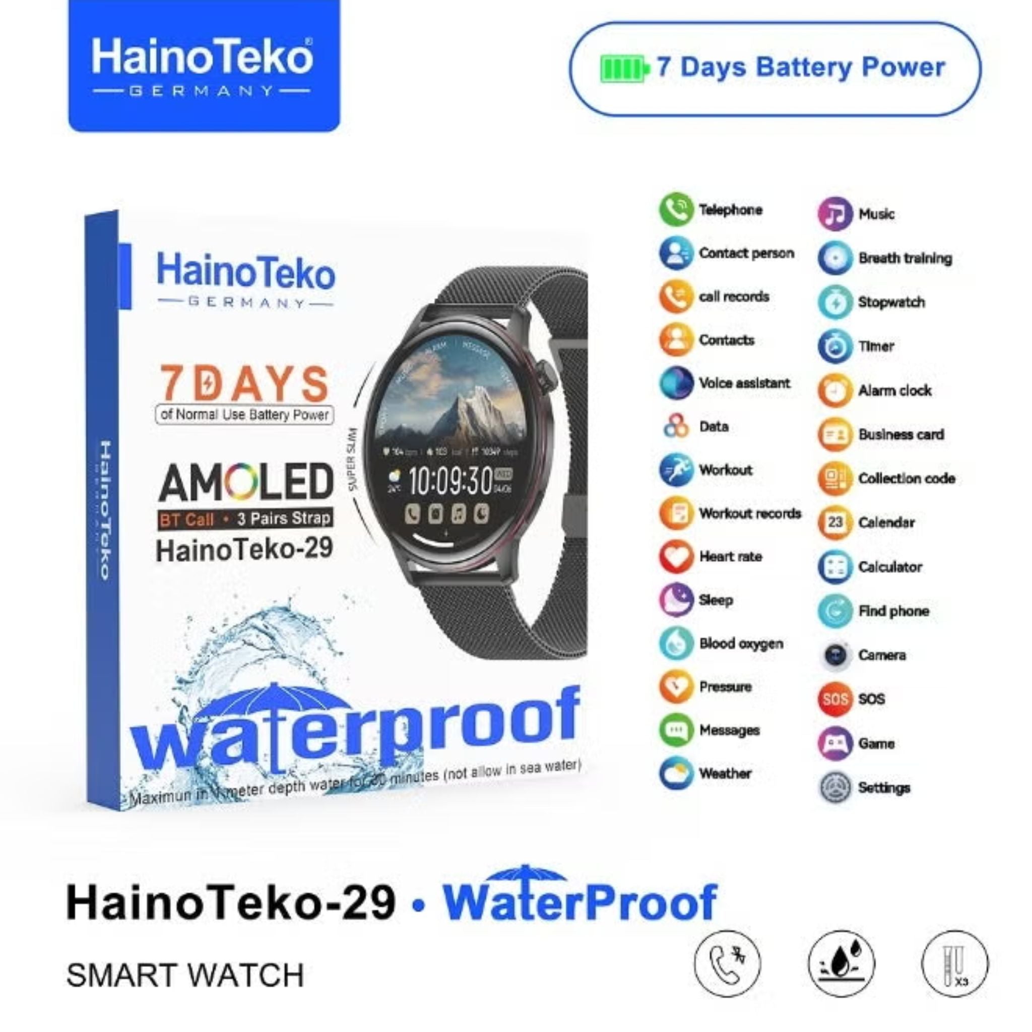 Haino Teko 29 Waterproof Design Smart Watch With AMOLED Display BT Calling 3 Pair Straps and Charging Cable Designed for Ladiesand Gents - Black