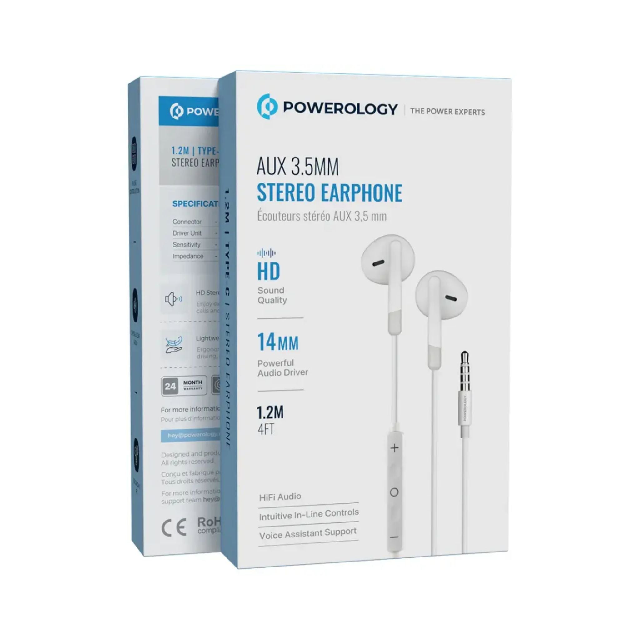 Powerology Type-C Stereo Earphones with HD Sound Quality, In-ear Design, 1.2m Cable Length, Voice Assistant Support, In-Line Control Button, Lightweight & Comfortable Design - White