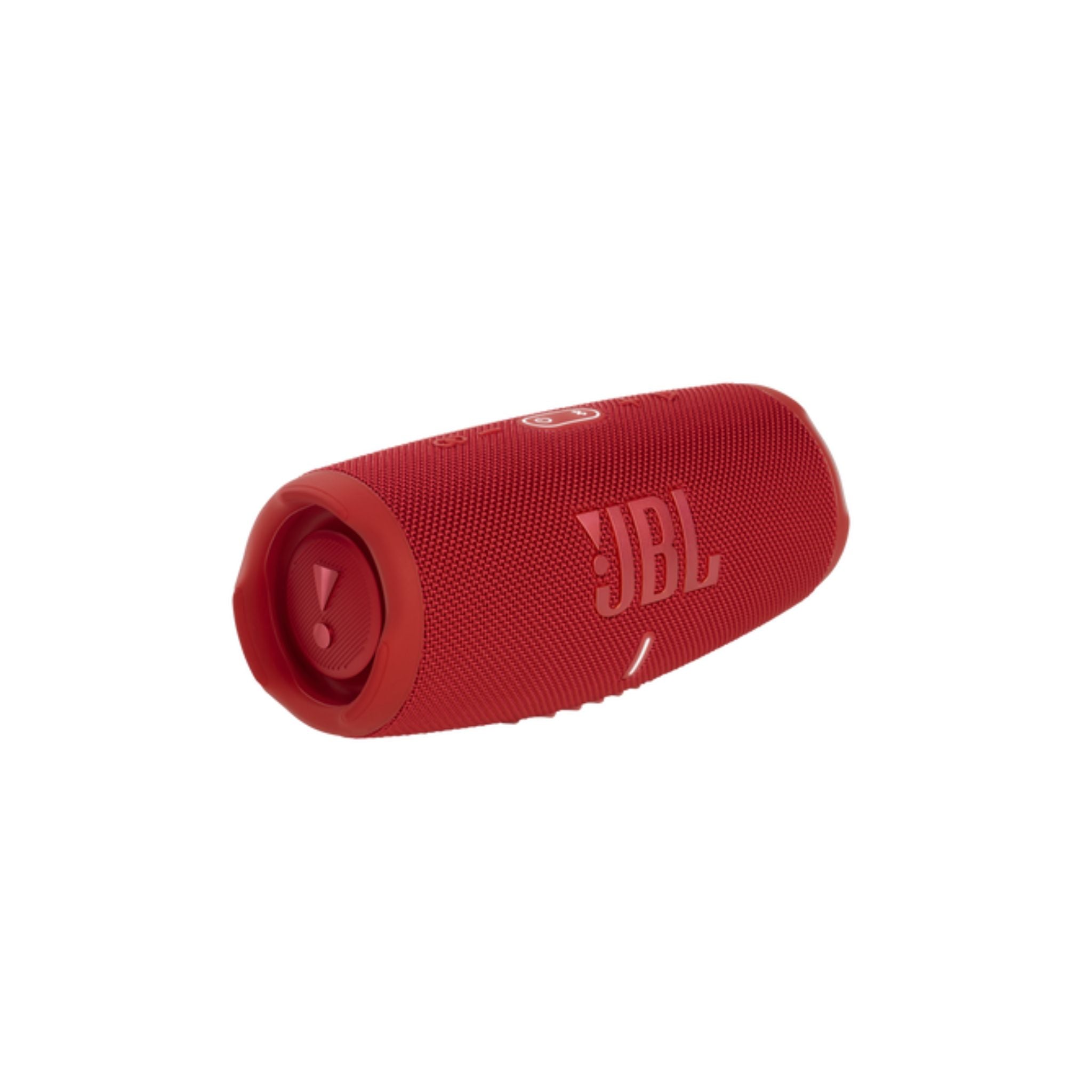 A red JBL Charge 5 portable speaker with built-in powerbank, showing the JBL logo on the front.