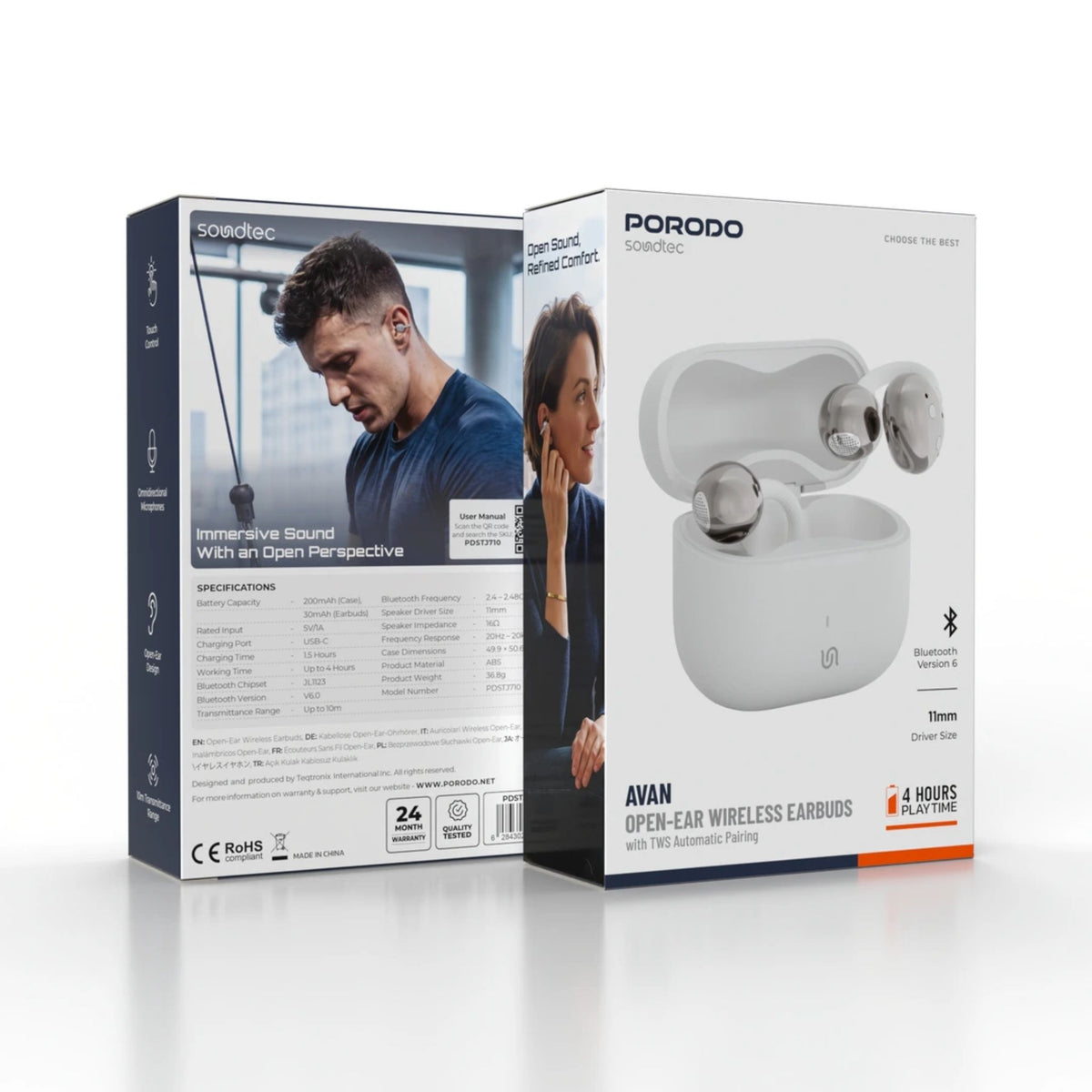 Porodo Soundtec Avan Open-Ear Wireless Earbuds With TWS Automatic Pairing - White