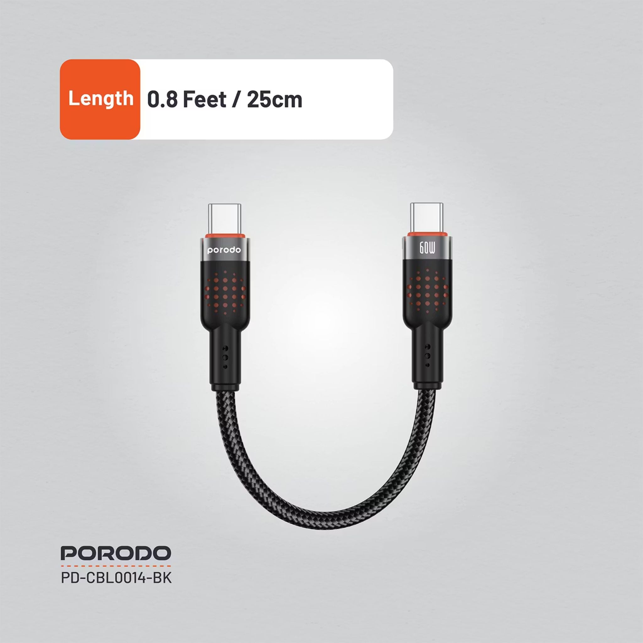 Porodo USB-C to USB-C Braided Cable with 60W Power Delivery, 480Mbps Transfer Speed, Braided & Tangle-Free Design, 15000+ Bends Lifespan, Fast Charge & Data Sync - Black