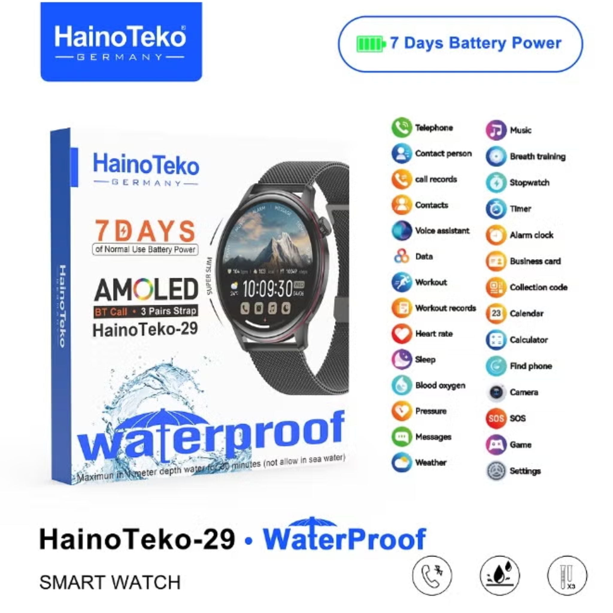 Haino Teko 29 Waterproof Design Smart Watch With AMOLED Display BT Calling 3 Pair Straps and Charging Cable Designed for Ladiesand Gents - Silver