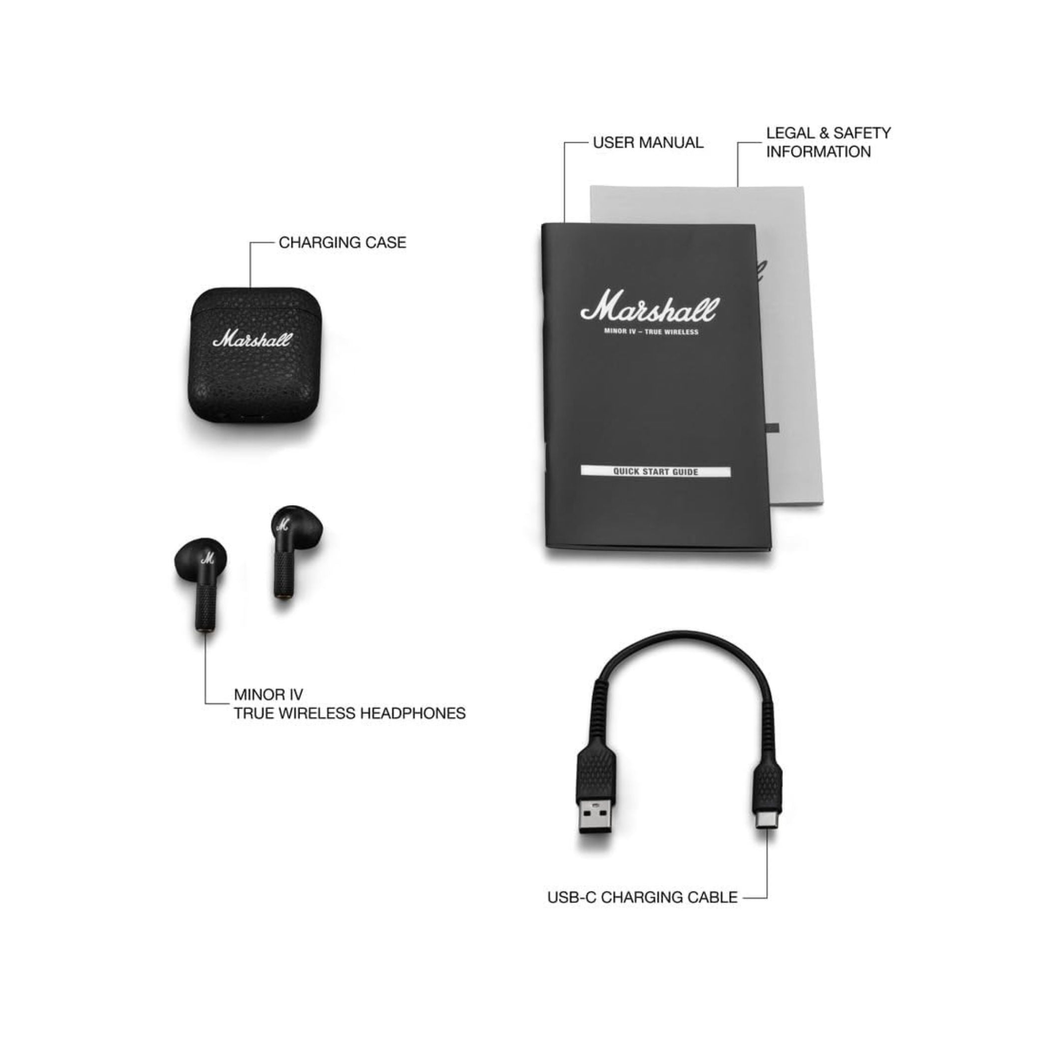 Marshall Minor IV Wireless Earbuds with Active Noise Cancellation, Waterproof, 12mm Driver Size, Bluetooth Version 5.3, Up to 30 Hours Playtime, Touch Control- Black
