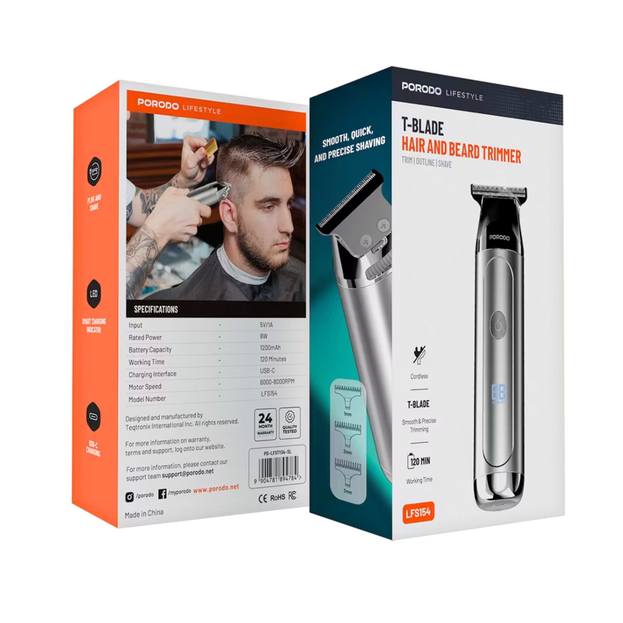 Porodo T-Blade Hair & Beard Trimmer with Smart LED Charging Indicator, 120 Minutes Working Time, 8W Rated Power, USB-C Charging Port, 1200mAh Battery, Cordless Functionality, 1, 2 & 3mm Combs Included - Silver