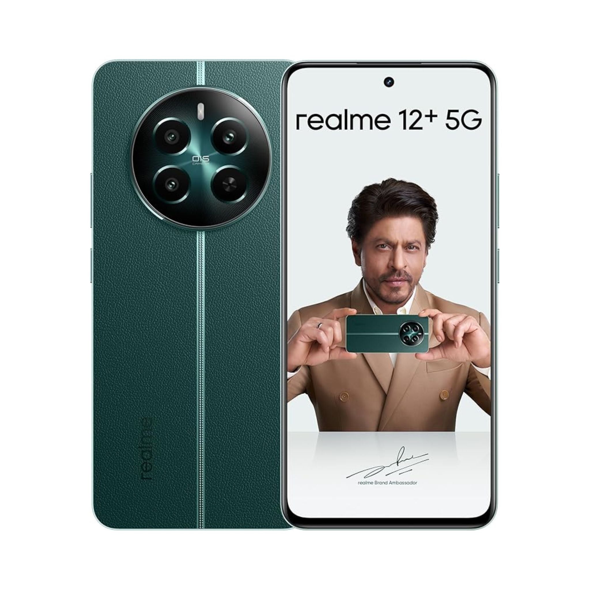 Realme 12+ 5G smartphone with green back and display showing a person holding the phone.