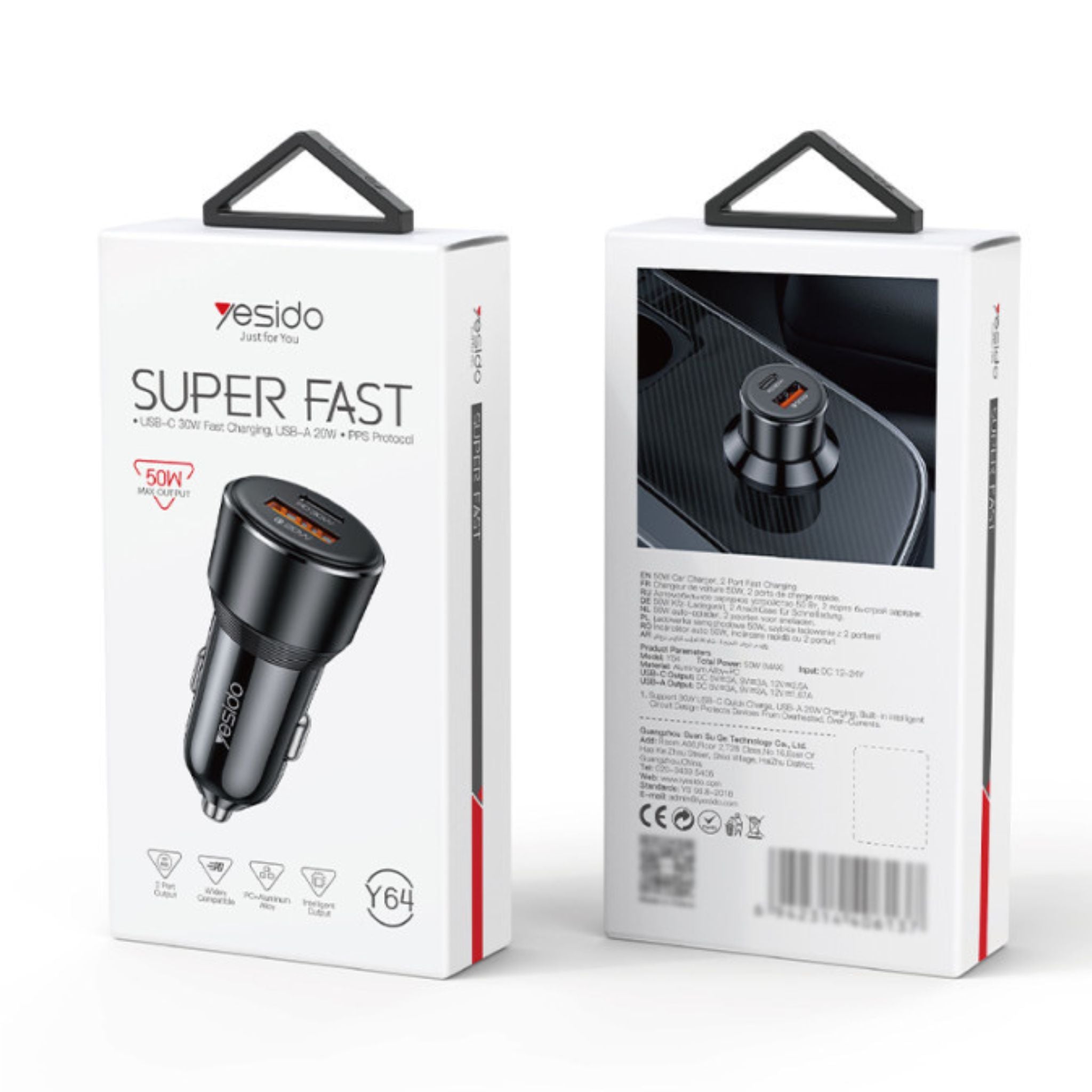 Yesido Y64 Aluminum Alloy USB + TC PD30W + USB20W Multi Protection 50w Fast Charging Car Charger - Black