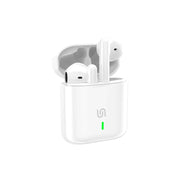 Wireless earbuds with charging case on a white background