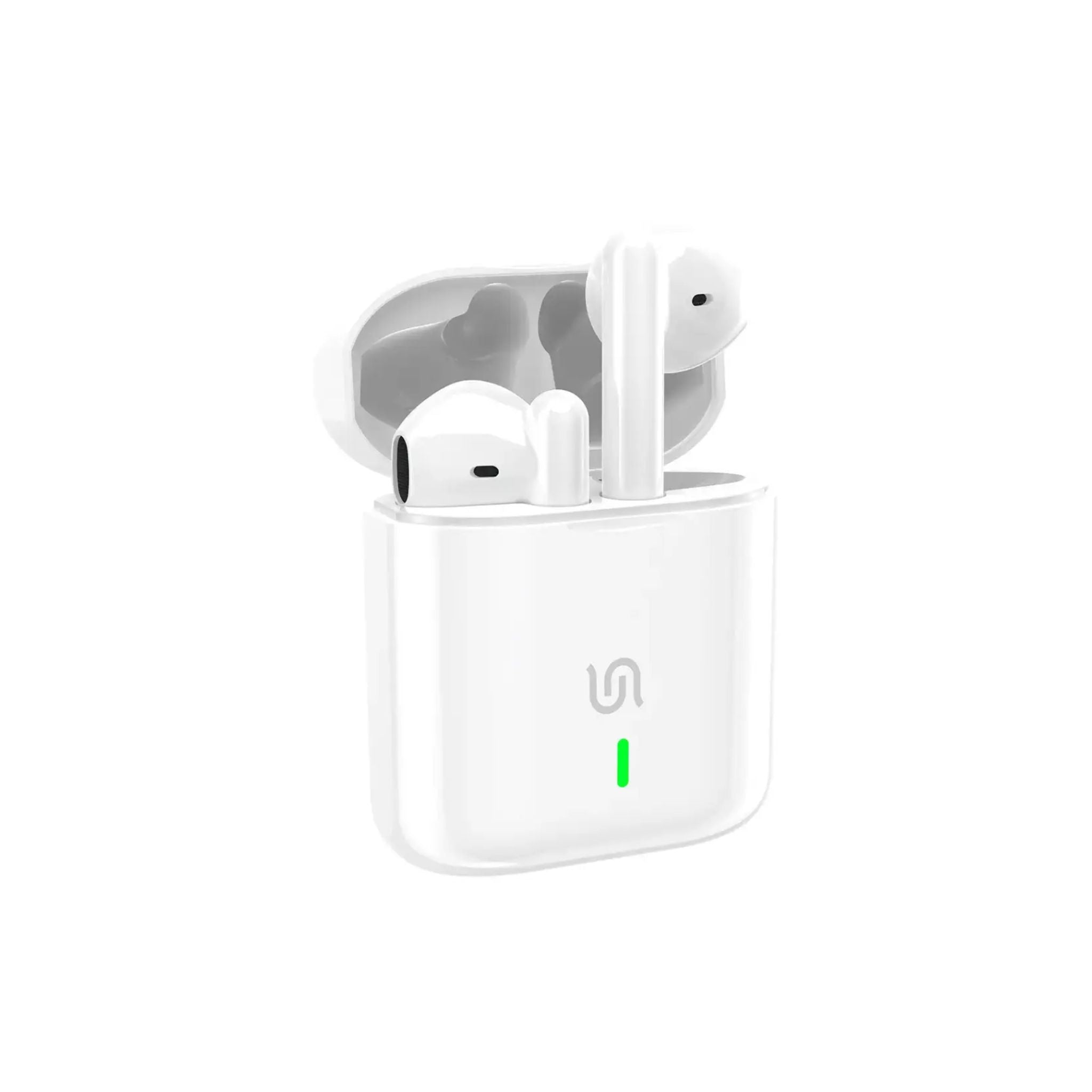 Wireless earbuds with charging case on a white background