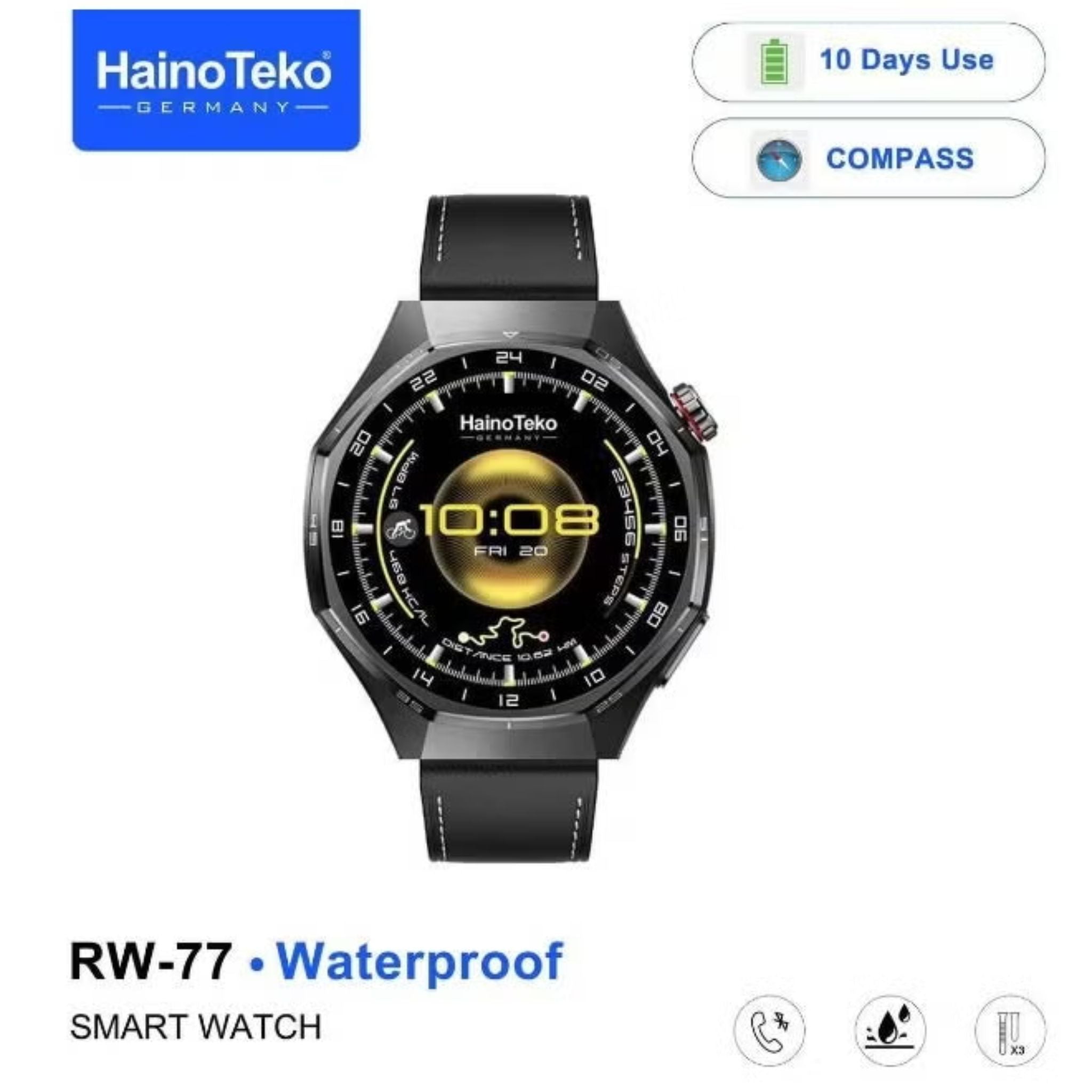 HainoTeko RW-77 Waterproof Smart Watch With AMOLED Display Bluetooth Calling 10 Days Battery Life and 3 Pair Straps Designed for Ladies and Gents - Black