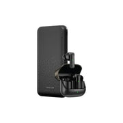 A black portable power bank with earbuds case, featuring a textured surface on the power bank and a sleek earbuds case with a charging indicator.