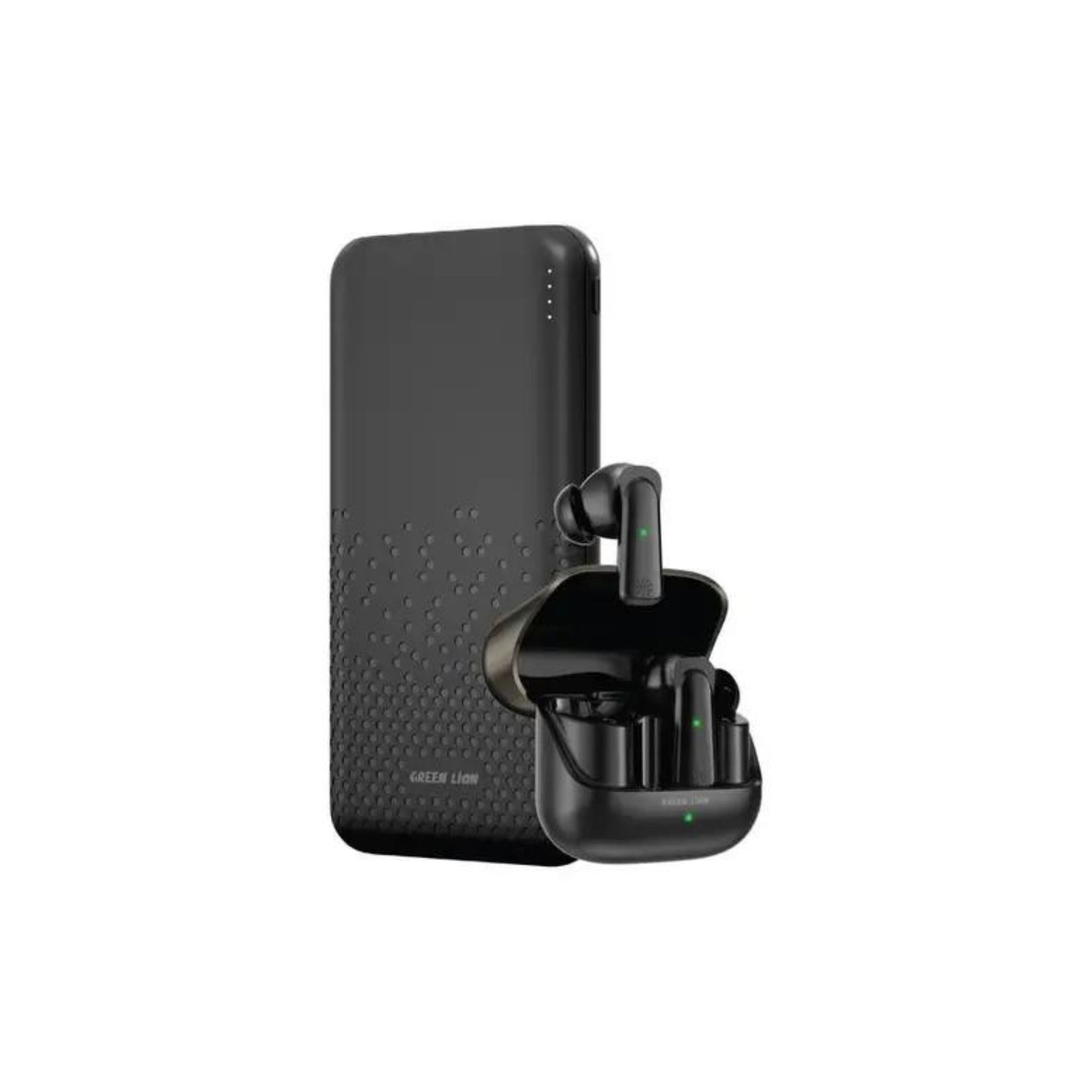 A black portable power bank with earbuds case, featuring a textured surface on the power bank and a sleek earbuds case with a charging indicator.