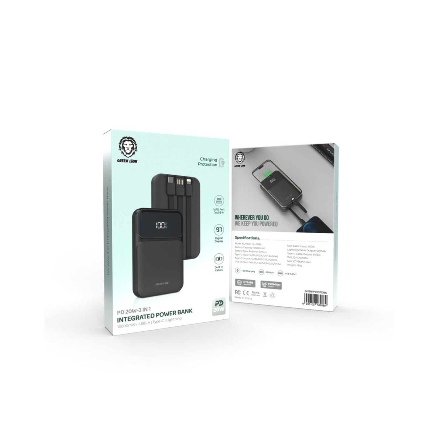 Green Lion 3 in 1  Integrated Power Bank 10000mAh PD  20W - Black