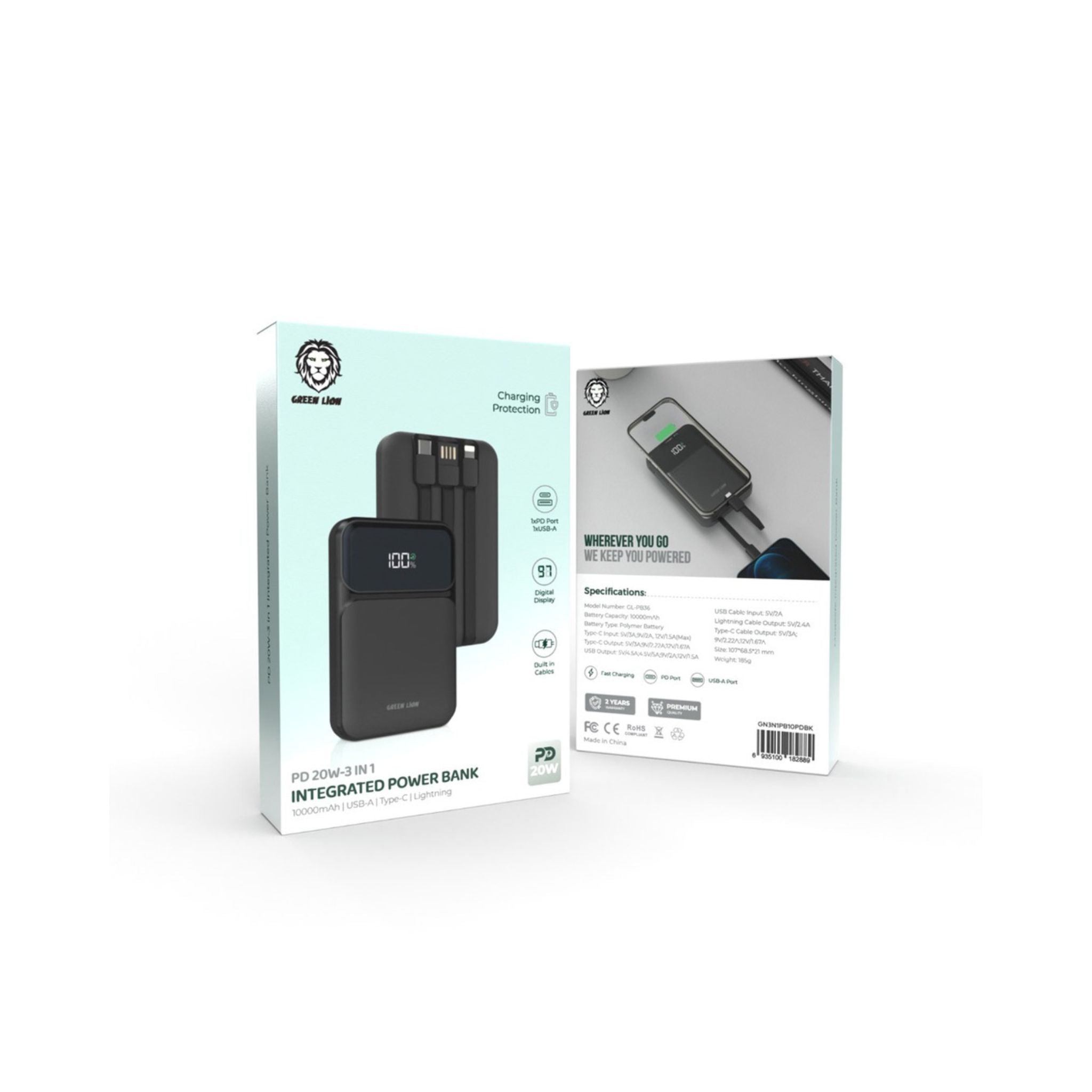Green Lion 3In1 Integrated Power Bank 10000mAh, Charging Protection PD 20W, USB-A Port, Digital Display, Built-In Lightning Type-C USB Cables - Black