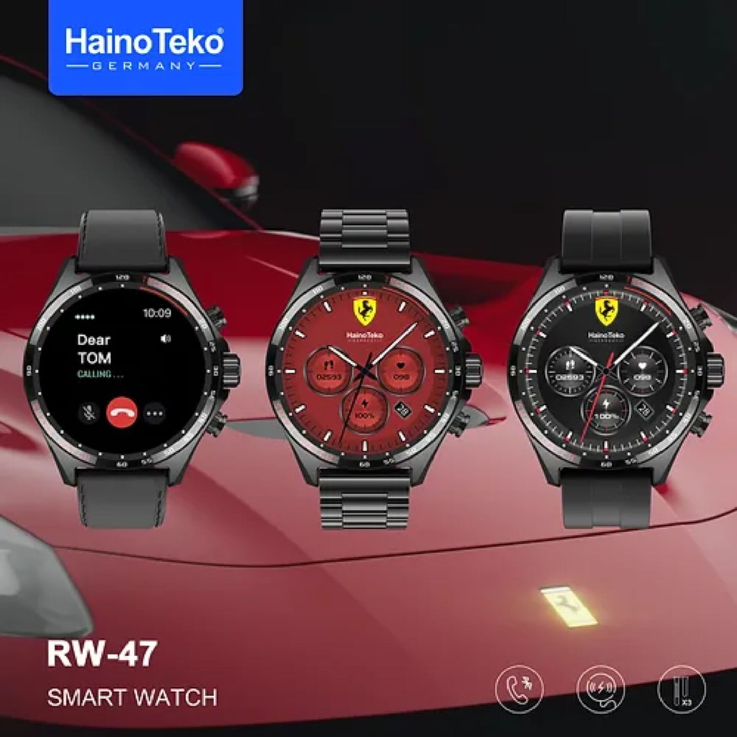Premium Haino teko RW47 with 3 Bands(Stainless Steel + Leather + Silicone)Smartwatches Limited Edition_Black