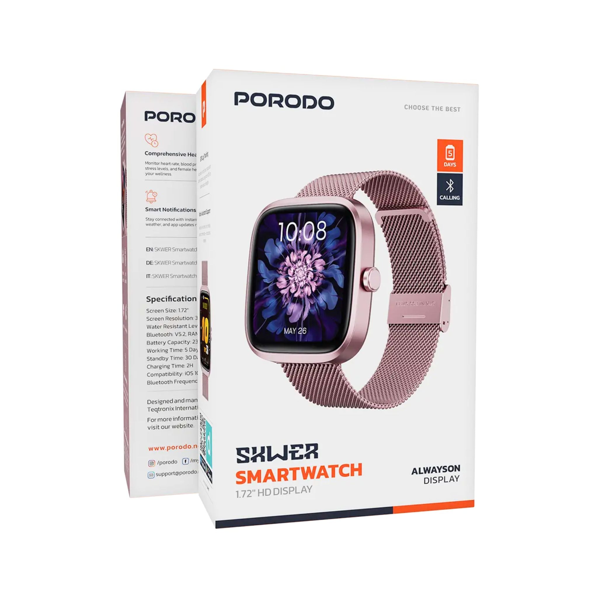 Porodo Smart Watch 1.72" HD Display, 30-Day Battery Life, Voice Assistant, Heart Rate, Sleep & Stress Monitoring, iOS & Android Compatible – Pink