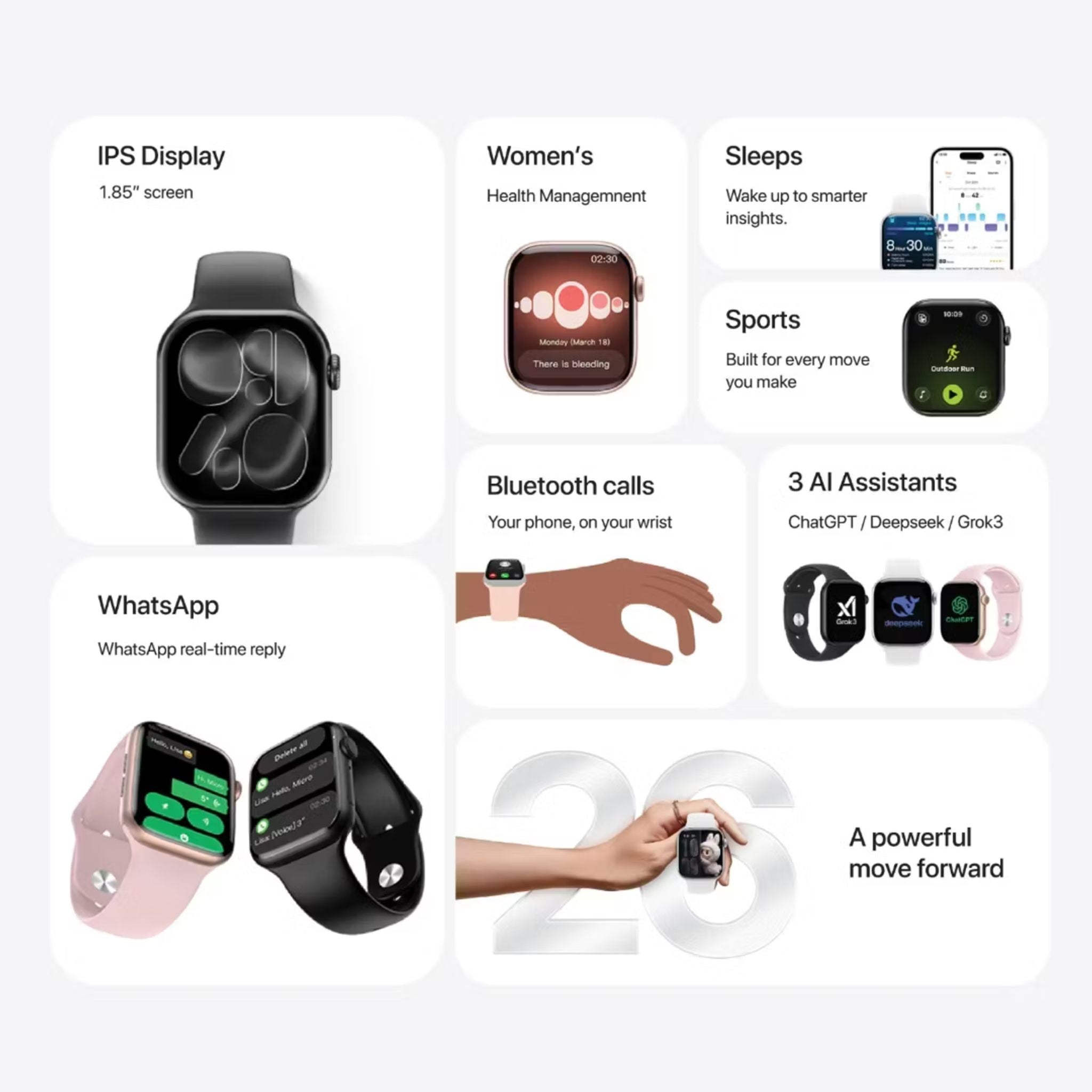 Green Lion Communicate 42mm Smart Watch with 1.85” AMOLED Display, 190mAh Battery, 1GB Flash Storage, IP68 Waterproof, 2-3 Days Working Time, 10 Days Standby Time, Bluetooth Version 3.0 + 5.4, Wireless Charging, Always-On Display, 500+ Watch Faces - Black