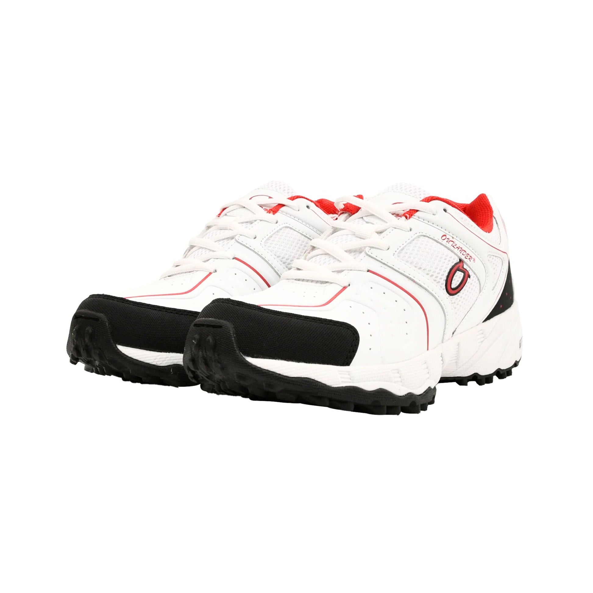 White sports shoes with red accents and black cleats on a white background