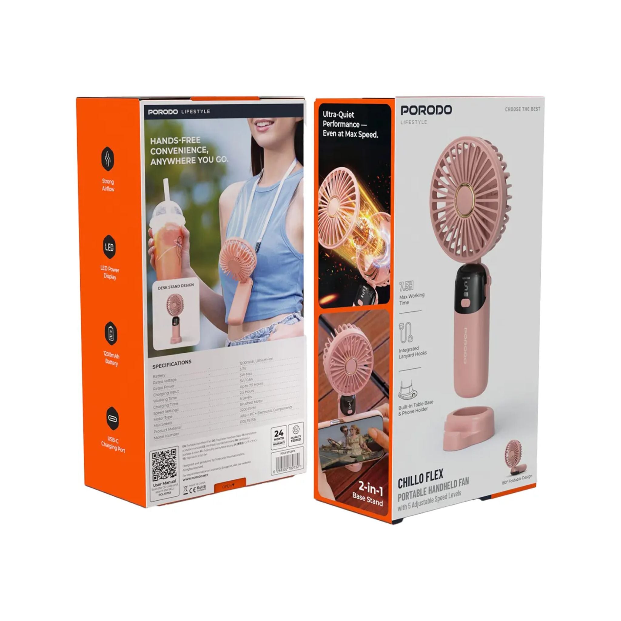 Porodo Lifestyle Chillo Flex Portable Handheld Fan with 5 Adjustable Speed Levels - Pink