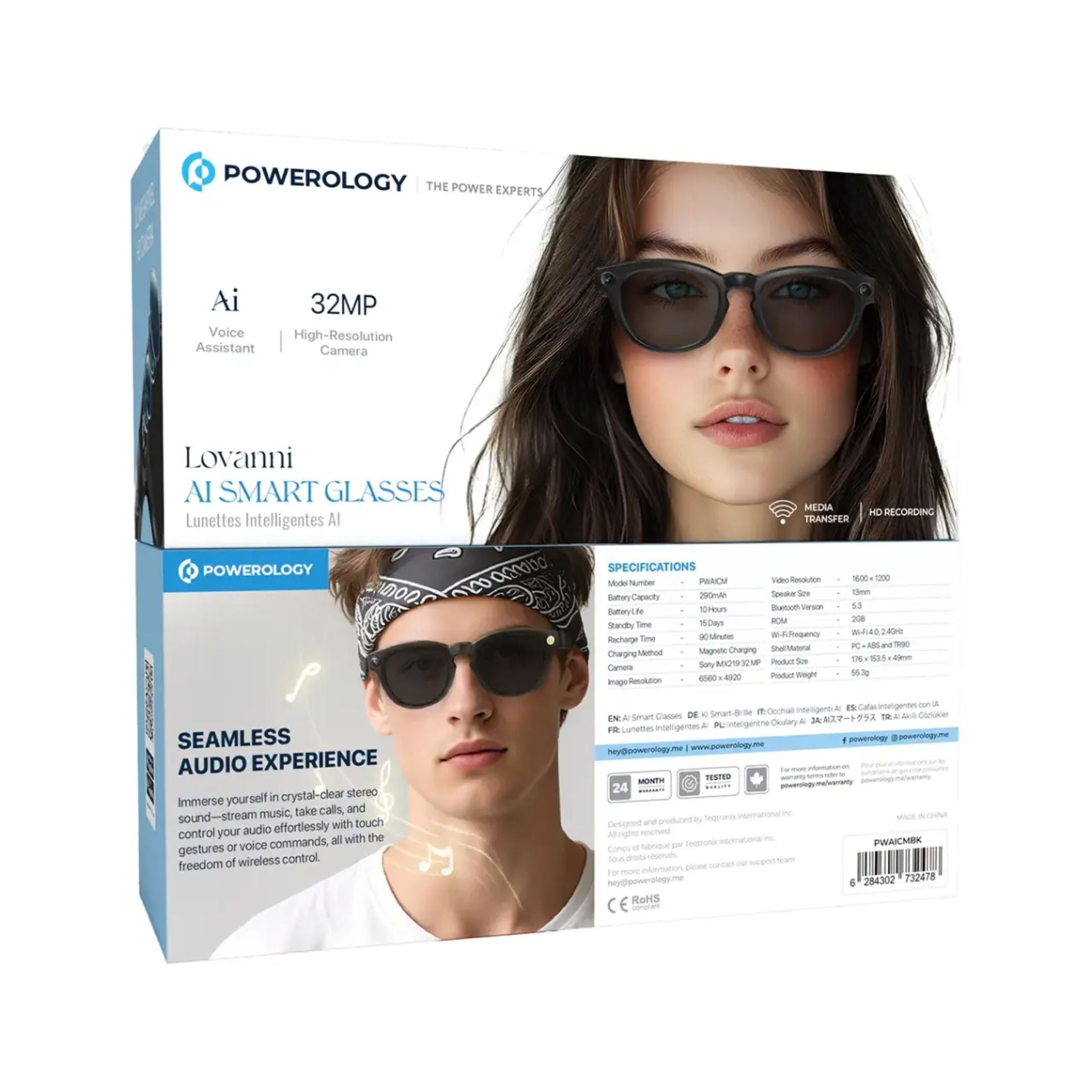 Powerology Lovanni AI Smart Glasses with 32MP Sony IMX219 Camera, AI Voice Assistant, HD Video Recording, Bluetooth 5.3 & Wi-Fi 2.4GHz, 13mm Stereo Speakers, Magnetic Charging, 290mAh Battery up to 10H Use – Black