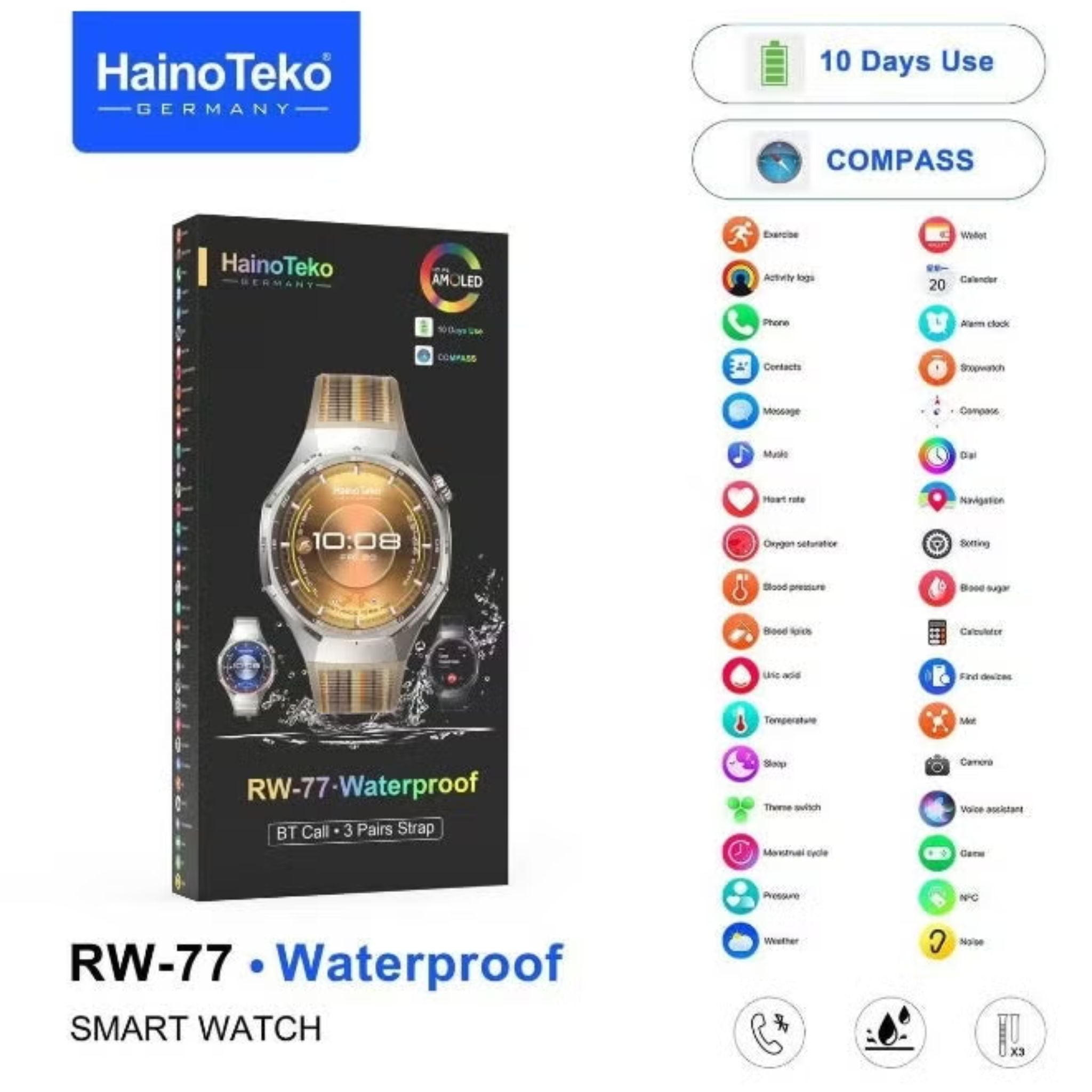 HainoTeko RW-77 Waterproof Smart Watch With AMOLED Display Bluetooth Calling 10 Days Battery Life and 3 Pair Straps Designed for Ladies and Gents - Black