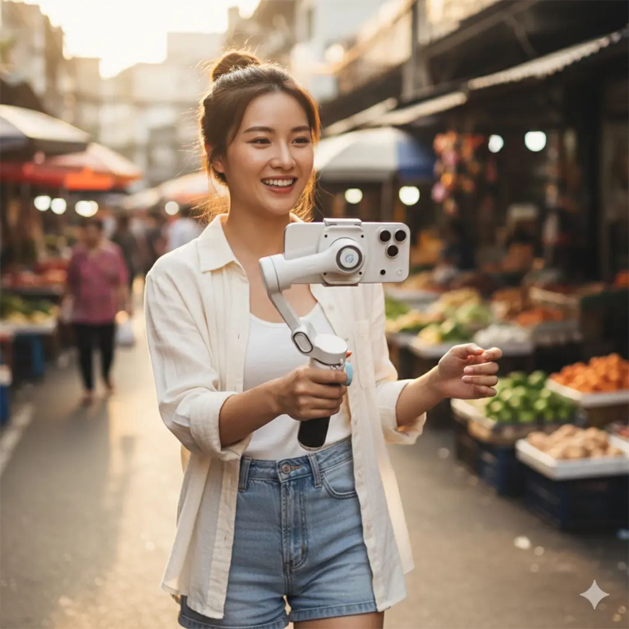 Powerology Magwave 3-Axis Magnetic SmartPhone Gimbal with Smart Gesture Control, MagSafe Snap-On or Adjustable Clamp, Built-in Extension Rod, Foldable & Ultra-Light Design, OLED Display, 5 Intuitive Hands-Free Commands, 6 Shooting Modes - White