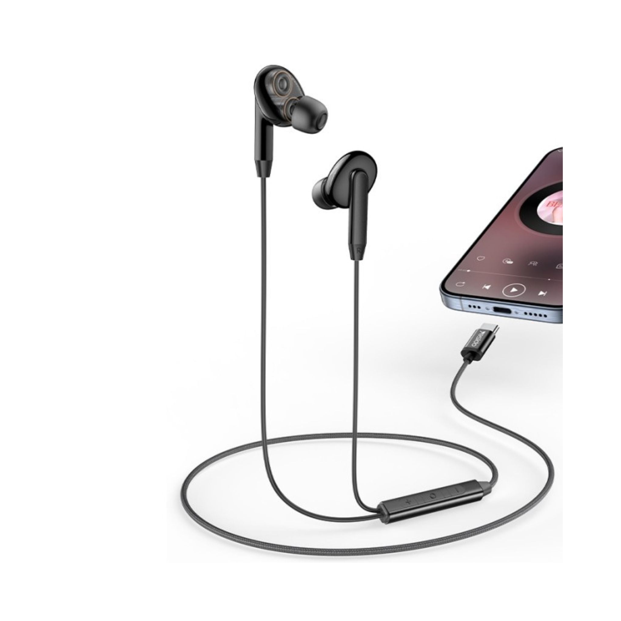 A pair of black in-ear earphones with a wired connection and a Type-C plug, displayed next to a smartphone.