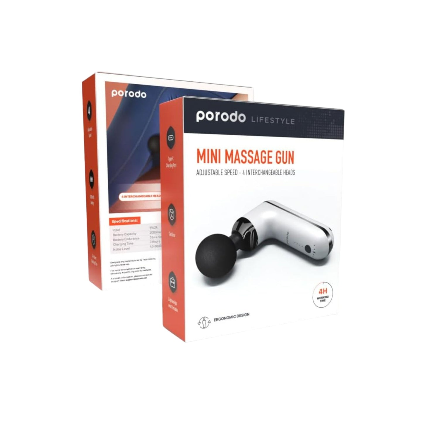 Porodo Lifestyle Mini Massage Gun 2000mAh Battery, Cordless, Adjustable Speed, 4 Interchangeable Heads, USB-C Charging, Lightweight & Portable, Ergonomic & Low Noise Design_White