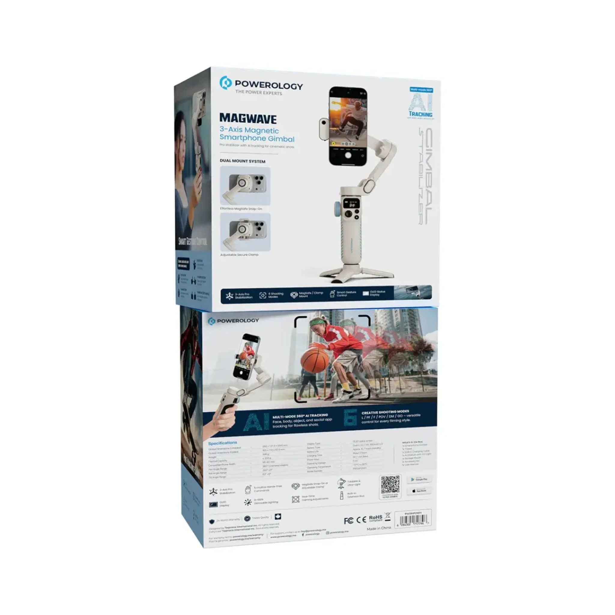 Powerology Magwave 3-Axis Magnetic SmartPhone Gimbal with Smart Gesture Control, MagSafe Snap-On or Adjustable Clamp, Built-in Extension Rod, Foldable & Ultra-Light Design, OLED Display, 5 Intuitive Hands-Free Commands, 6 Shooting Modes - White