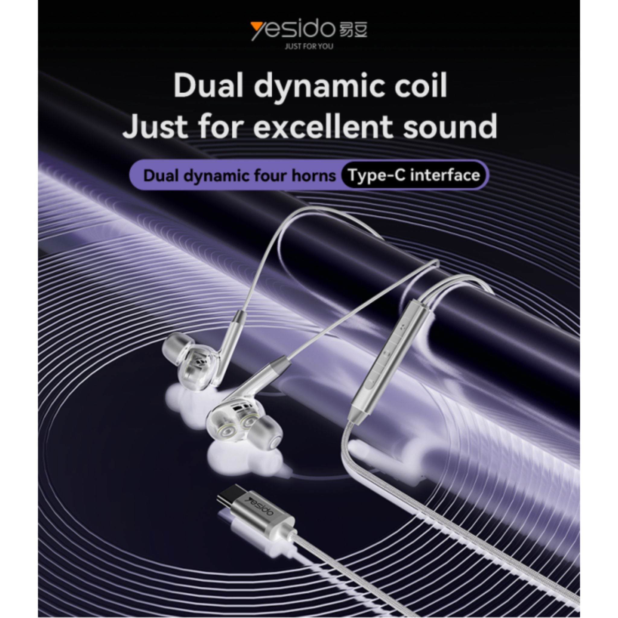 YESIDO YH44 High Quality Ergonomically Designed In-ear Earphone Dual Dynamic Type-C Wired Headphones