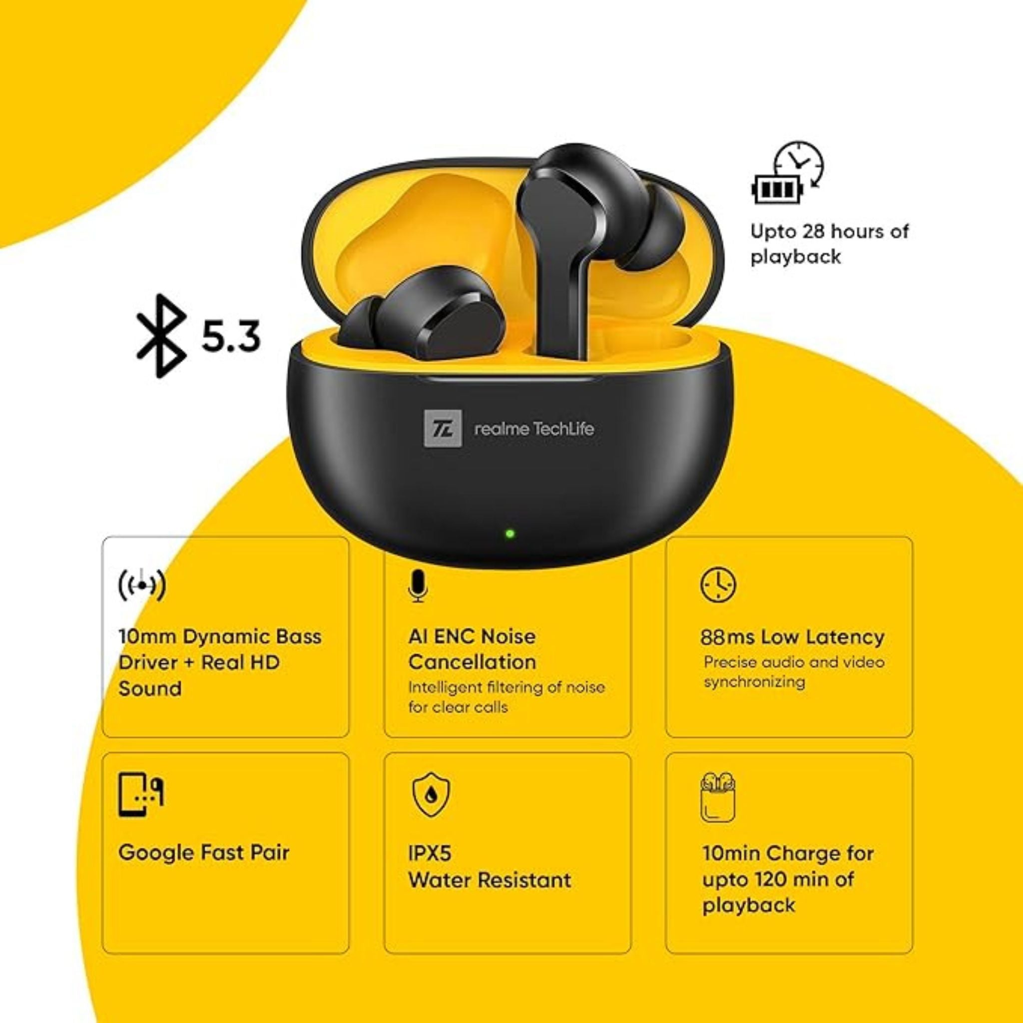 Realme T100 True Wireless Earbuds With AI Noise Cancelling - Black