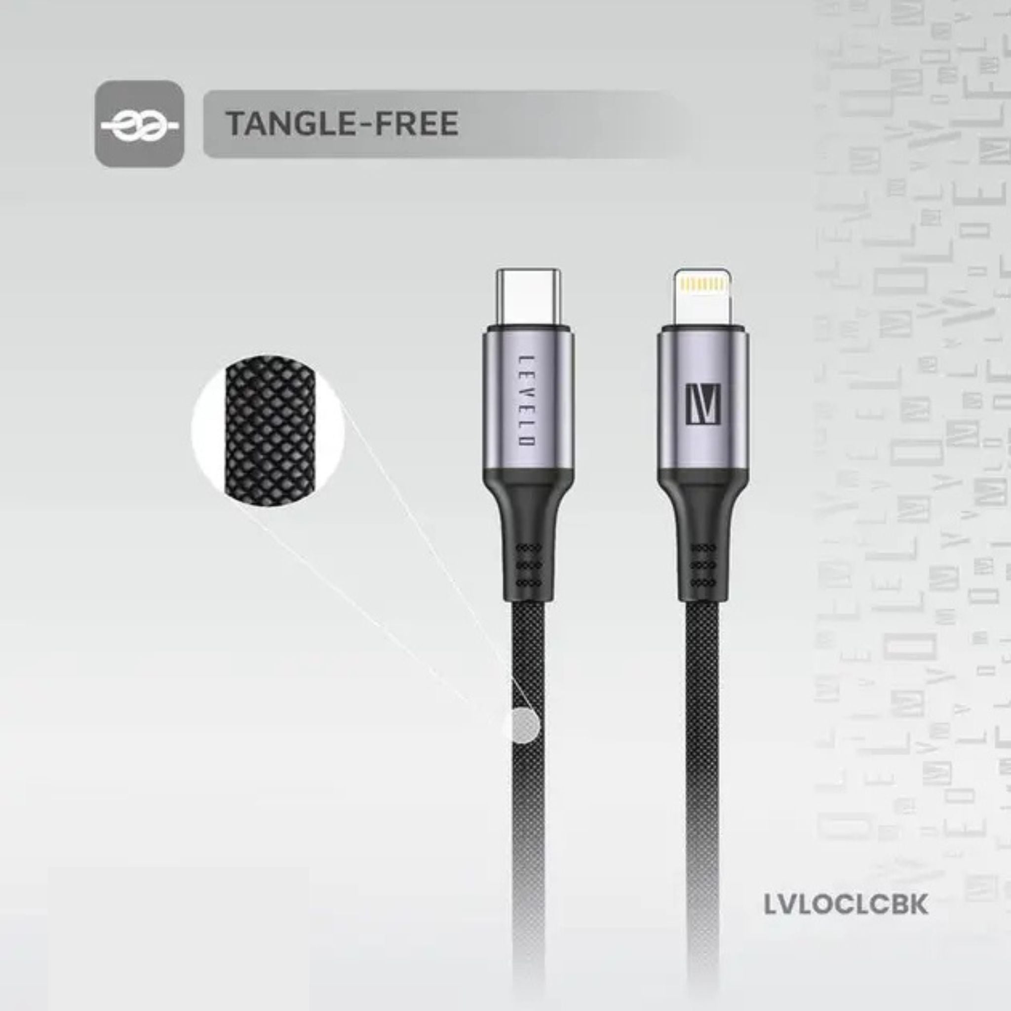 Levelo Otto USB-C to Lightning 30W Leather Cable, Tangle-Free, Fast Charging, Heat Resistant, 1.2m Cable Length - Black