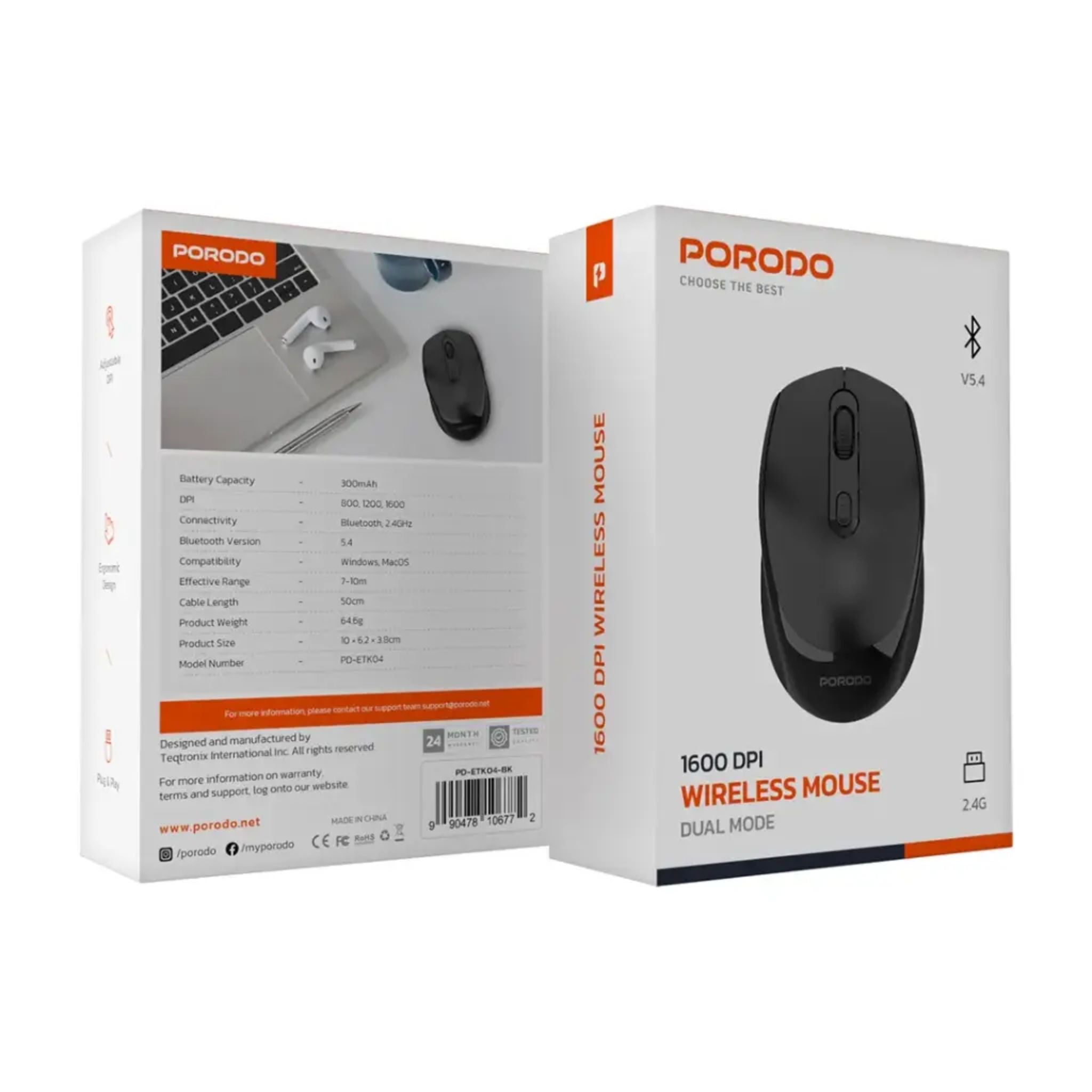 Porodo 1600DPI Wireless Mouse Dual Mode - Black