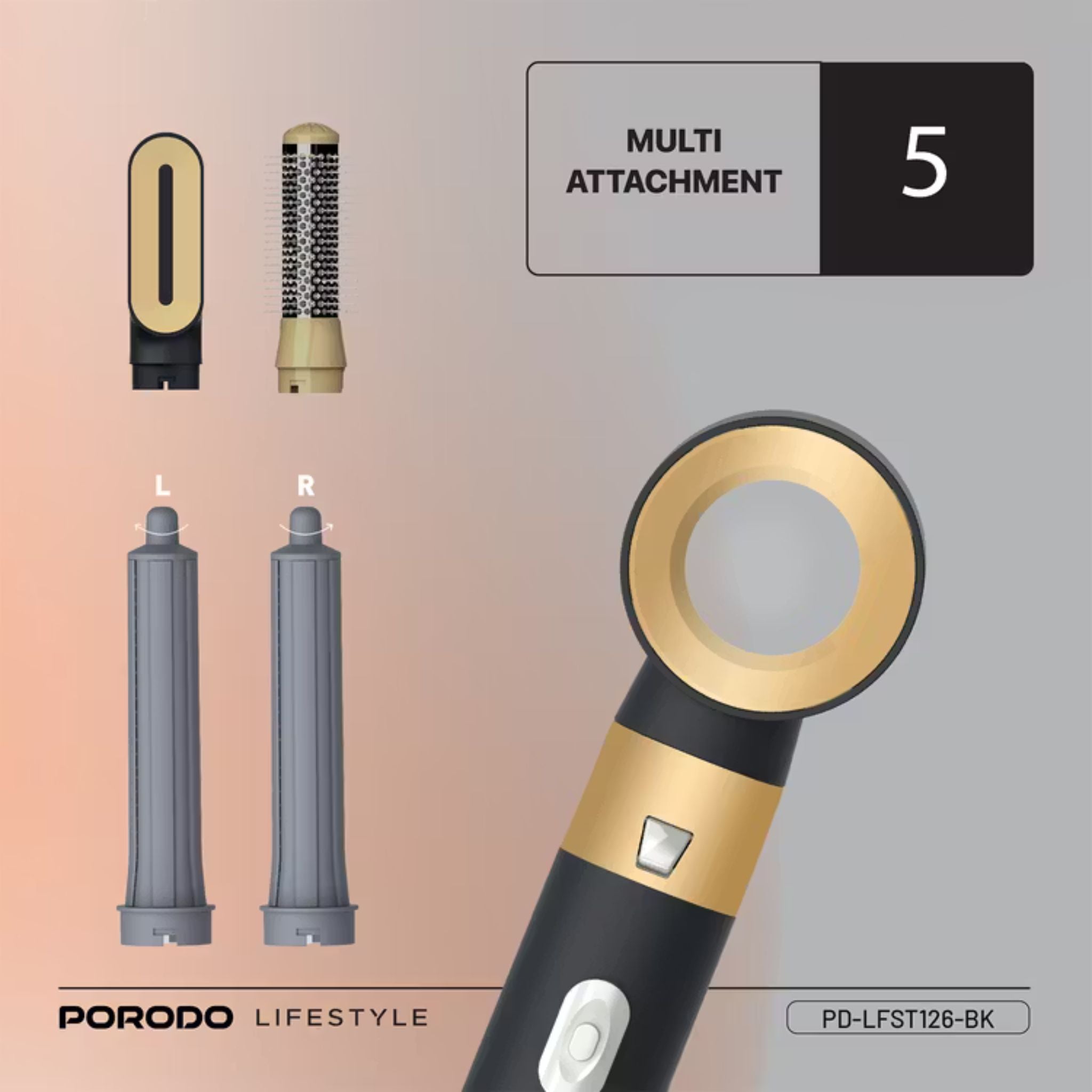 Porodo Lifestyle Multi-Styling Hair Dryer Set with 5 Drying Combs, 3 Airflow Modes, 600W Rated Power, No-Frizz Negative Ions, 3 Temperature Control Settings - Black