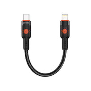 Porodo Aluminum Alloy Braided Cable Type-C to Lightning with 25cm Cable Length, PD 30W, 480Mbps Transfer Speed, more than 15000 Bends Life Span, Tangle Free - Black
