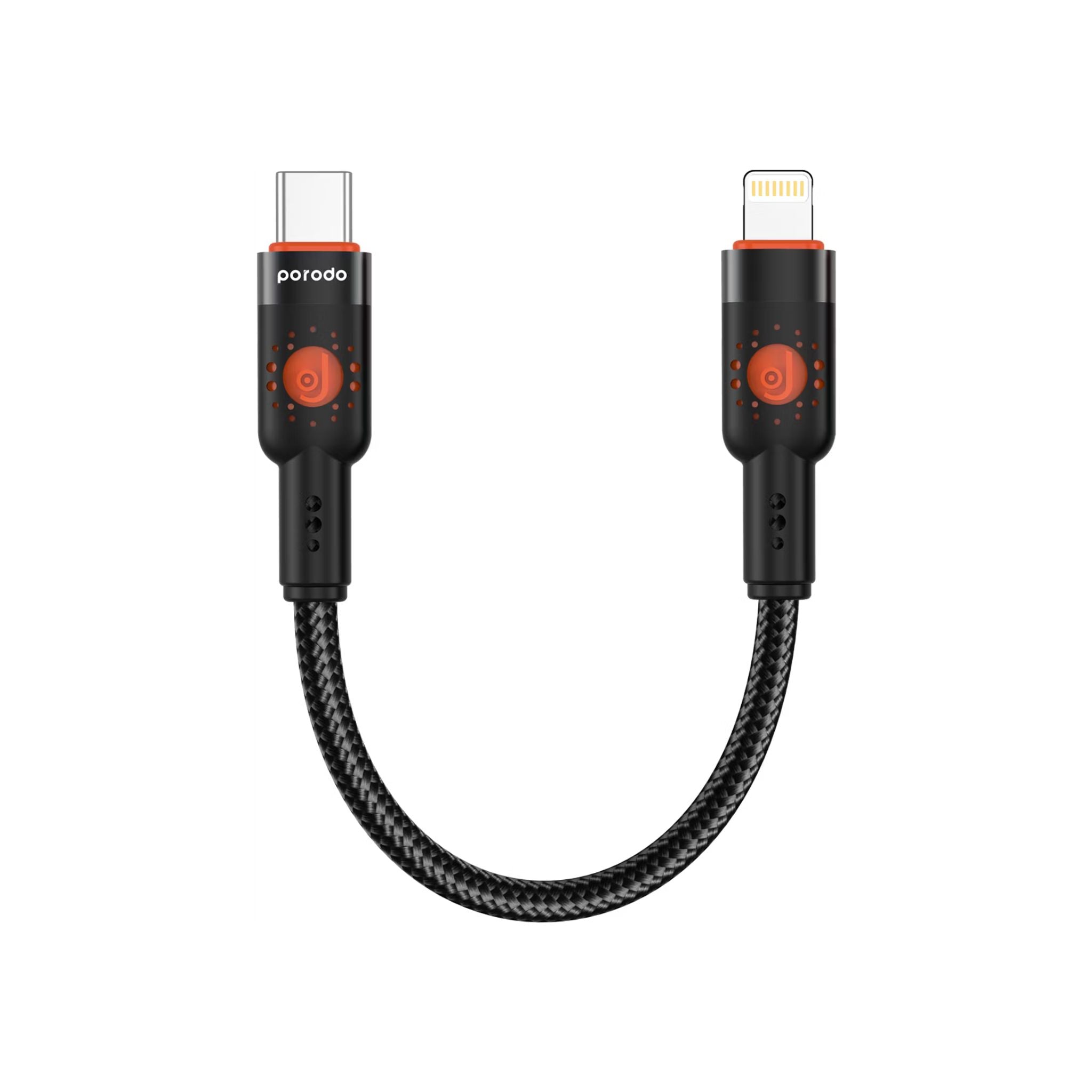 Porodo Aluminum Alloy Braided Cable Type-C to Lightning with 25cm Cable Length, PD 30W, 480Mbps Transfer Speed, more than 15000 Bends Life Span, Tangle Free - Black