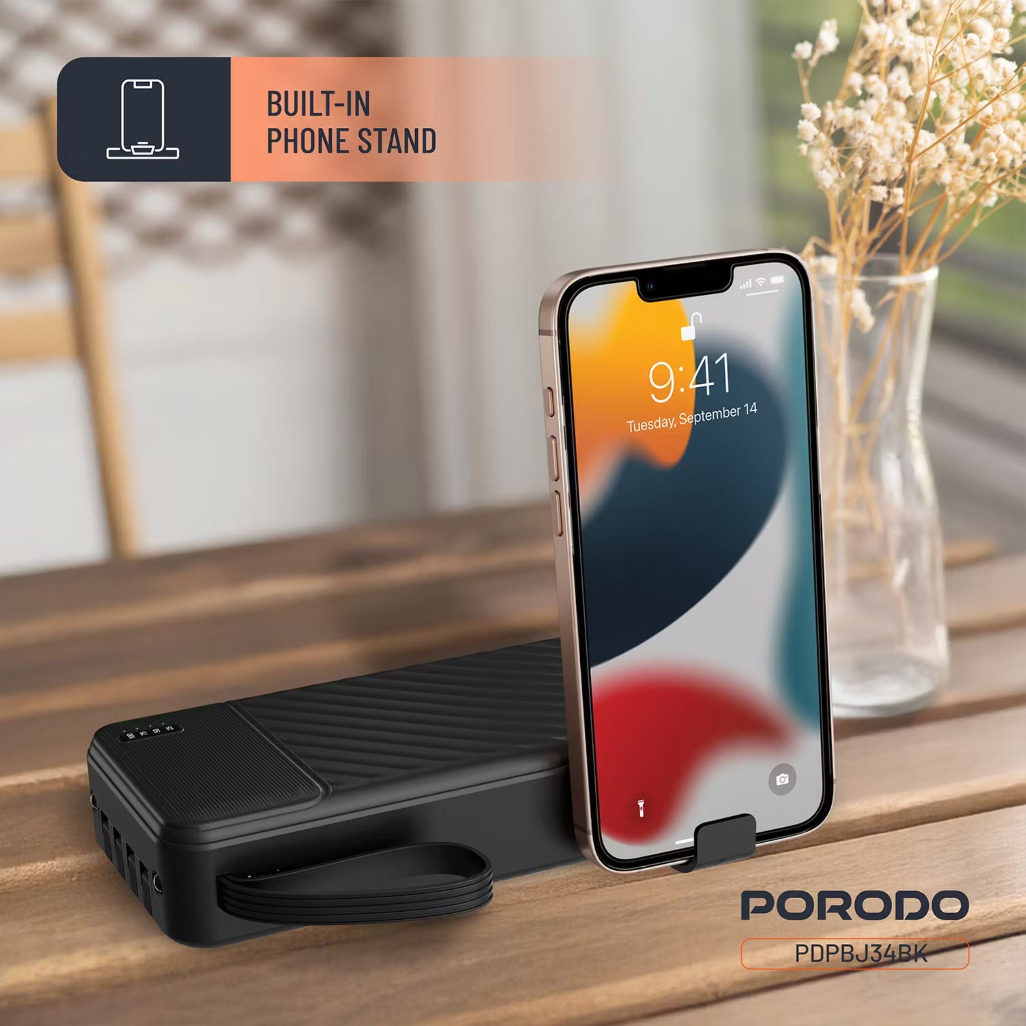 Porodo Piano 20000mAh Power Bank with Flashlight, Portable Handle, Phone Stand, 4 Integrated Cables, USB-A & USB-C & Micro Ports, Fast Charge Support, Universal Compatibility - Black