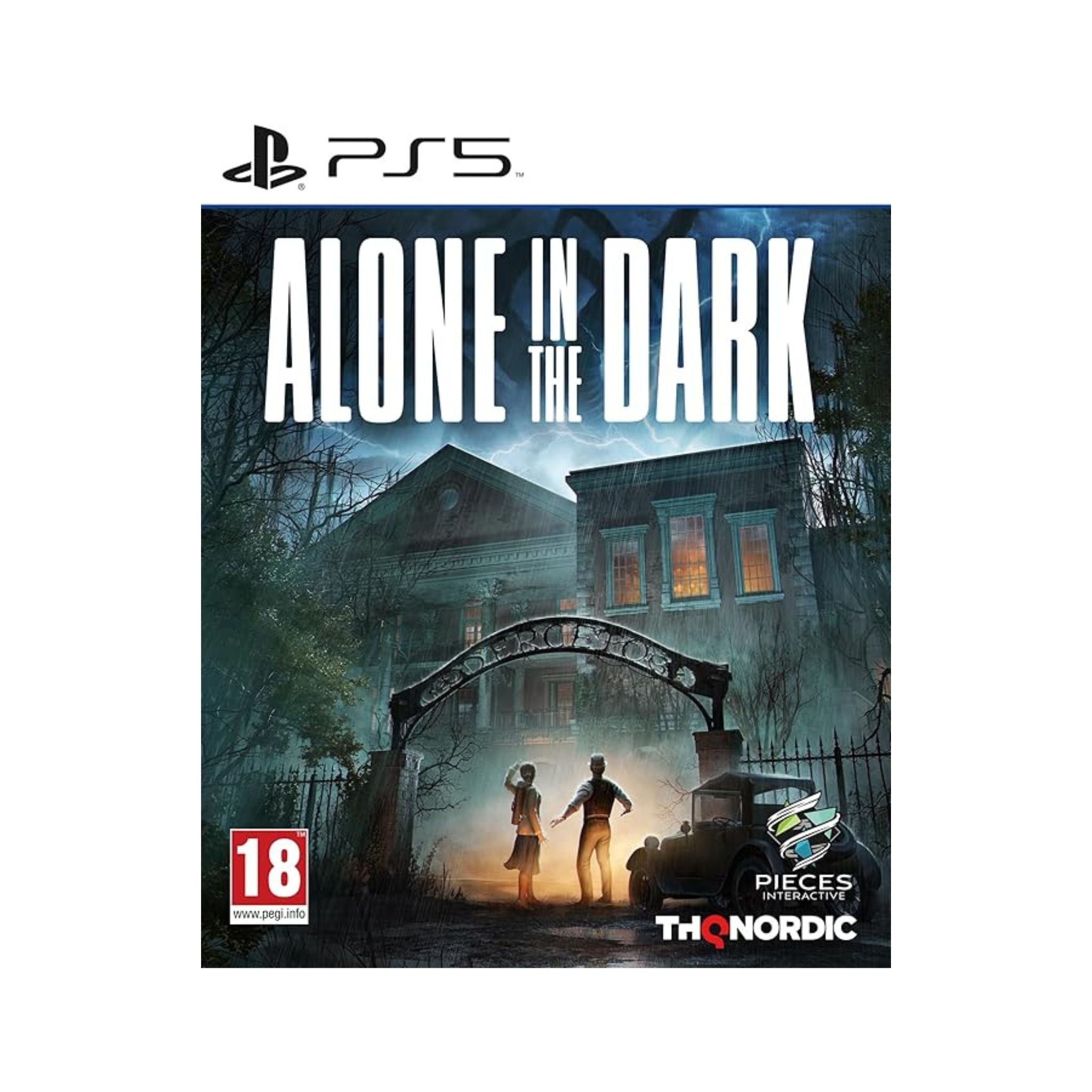 Game cover of 'Alone in the Dark' for PS5 with a dark house and two figures standing in front.