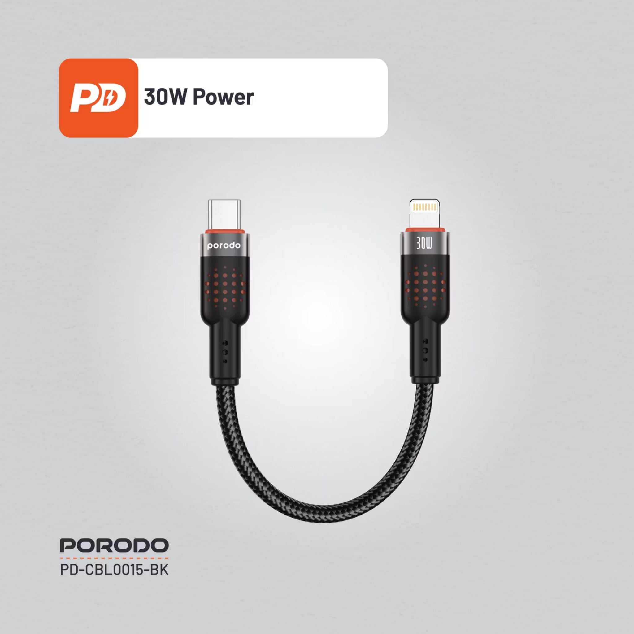 Porodo Aluminum Alloy Braided Cable Type-C to Lightning with 25cm Cable Length, PD 30W, 480Mbps Transfer Speed, more than 15000 Bends Life Span, Tangle Free - Black